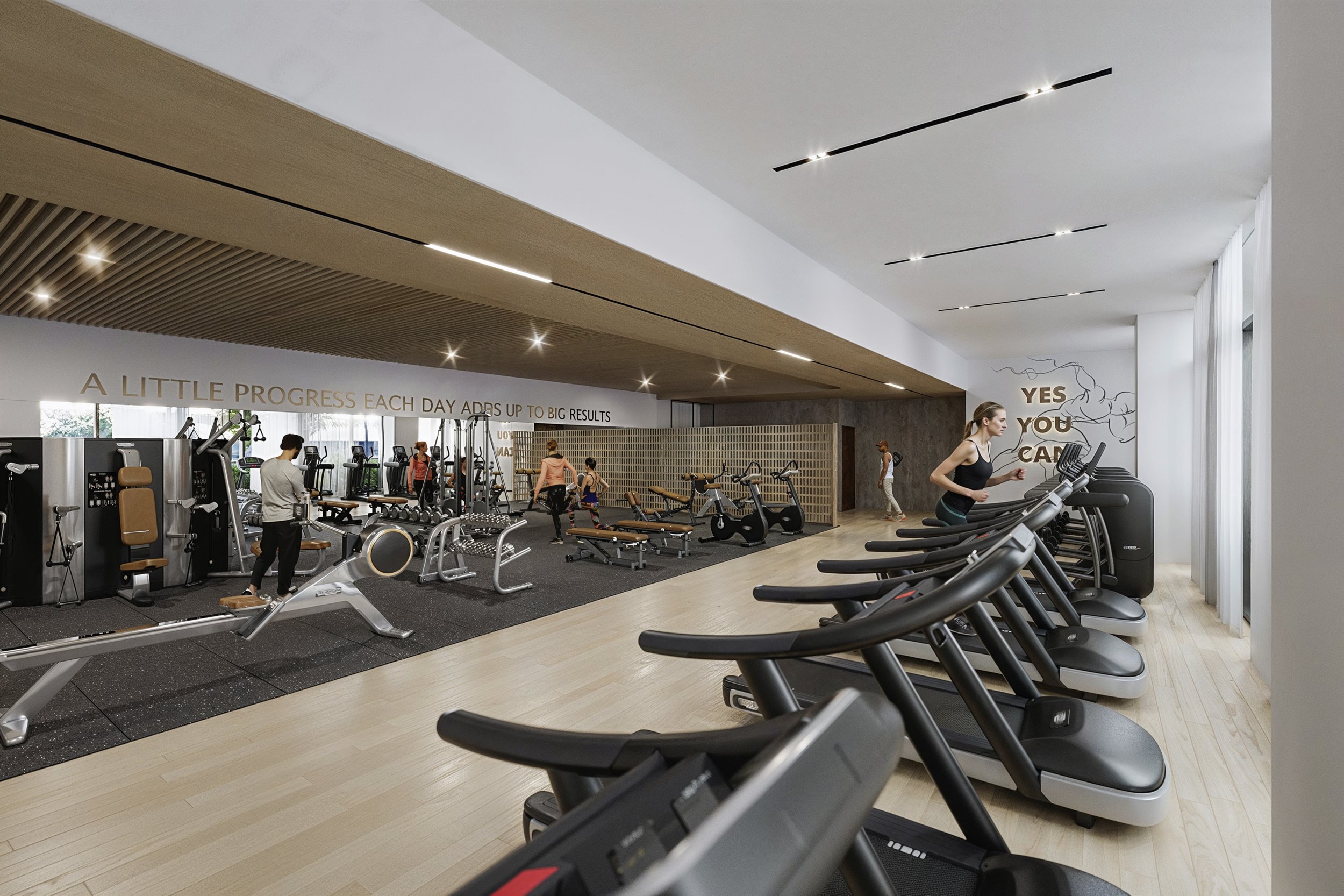 Modern gym with cardio machines in the foreground and weightlifting equipment in the background, with people exercising.