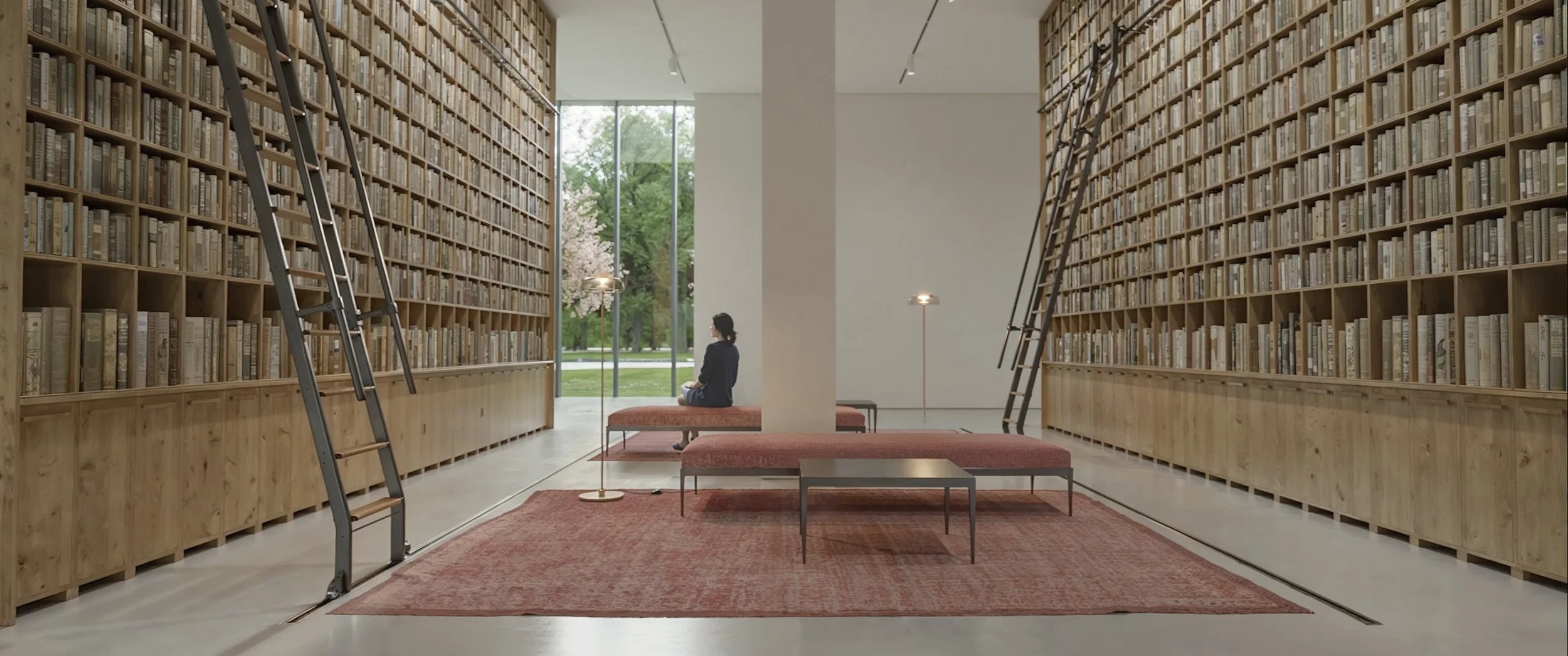 A modern library with tall wooden bookshelves filled with books on either side of a spacious room. There are two ladders leaning against the shelves, a sitting area with a woman meditating, and large windows showing trees outside.