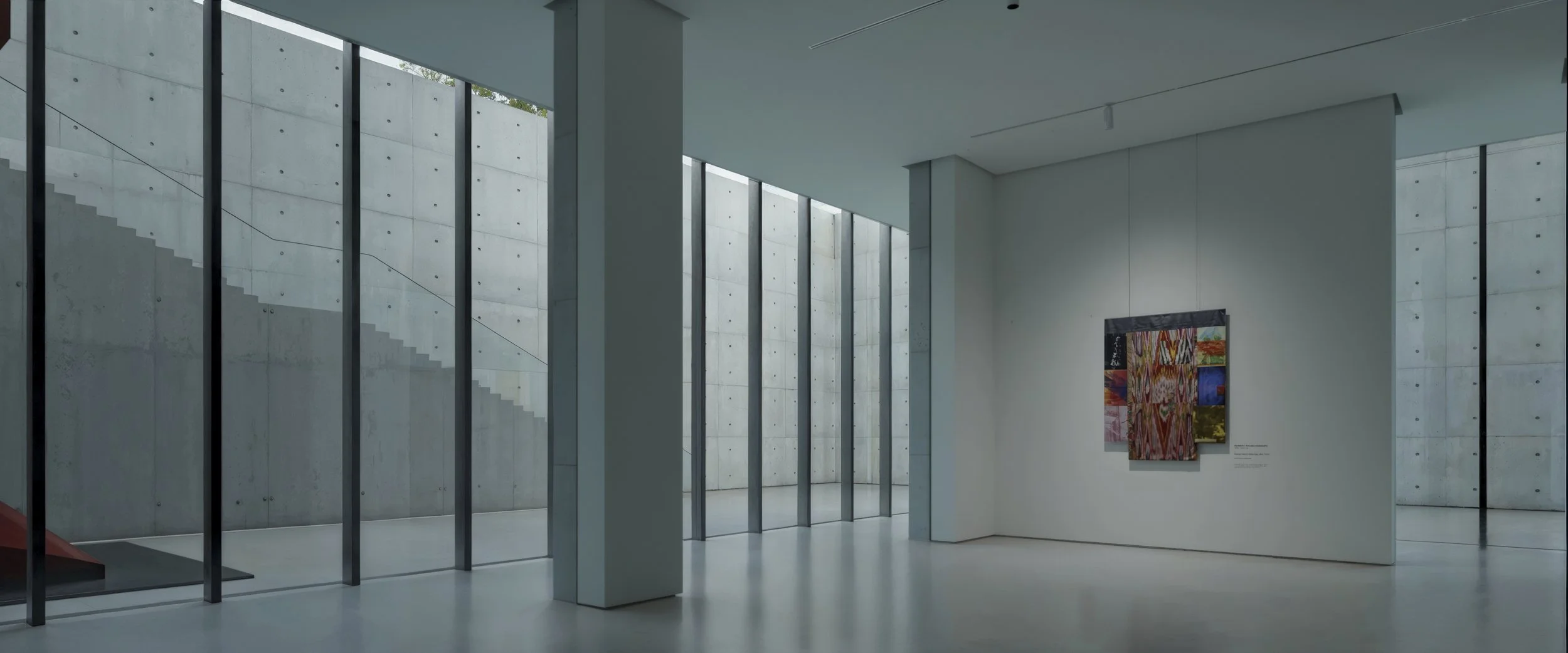 Modern art gallery with white walls, large glass windows, and colorful paintings displayed on the wall.