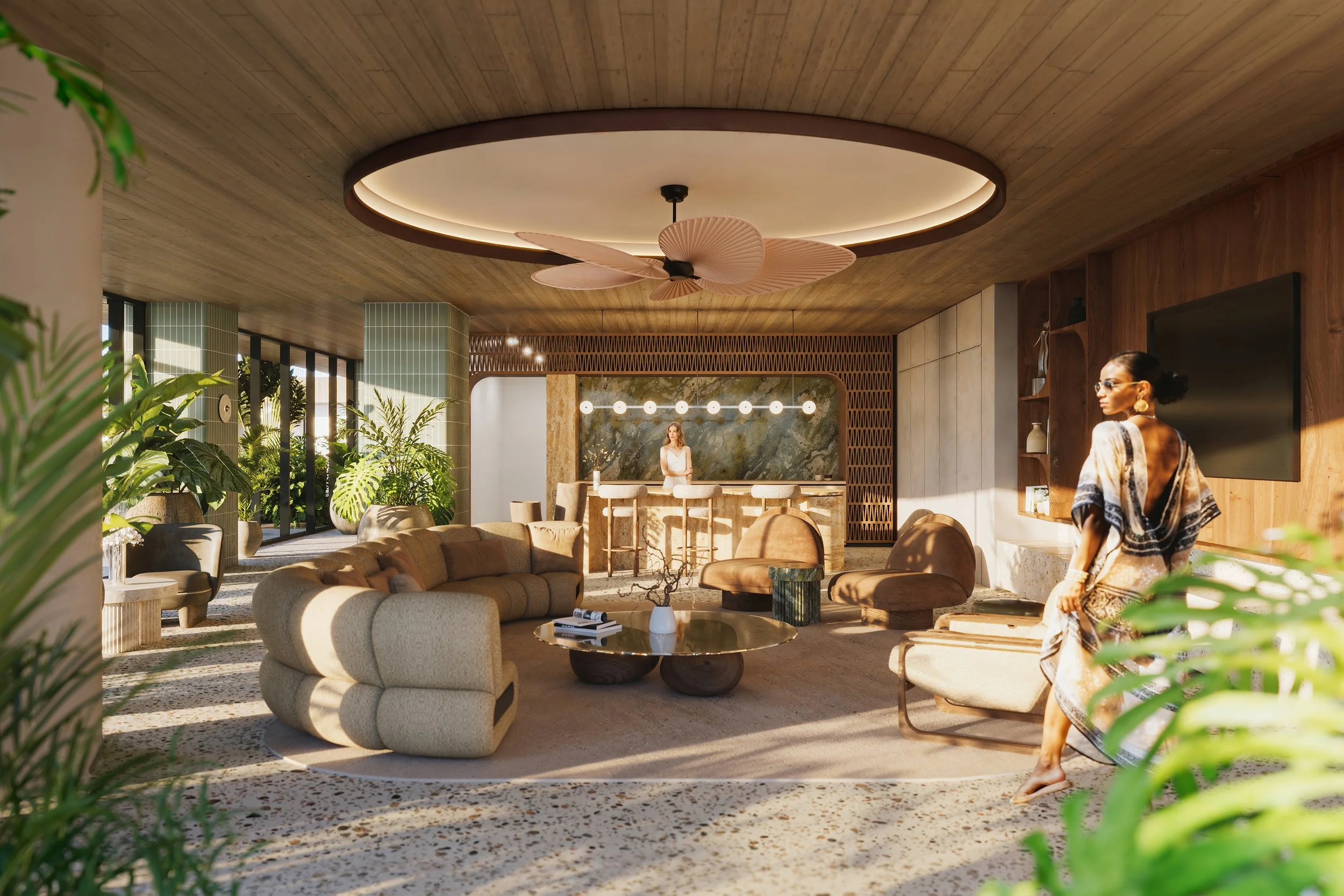 Luxurious modern living room with natural light, green plants, stylish beige and brown furniture, a wood-paneled ceiling, and a woman in a woven dress walking near the television.