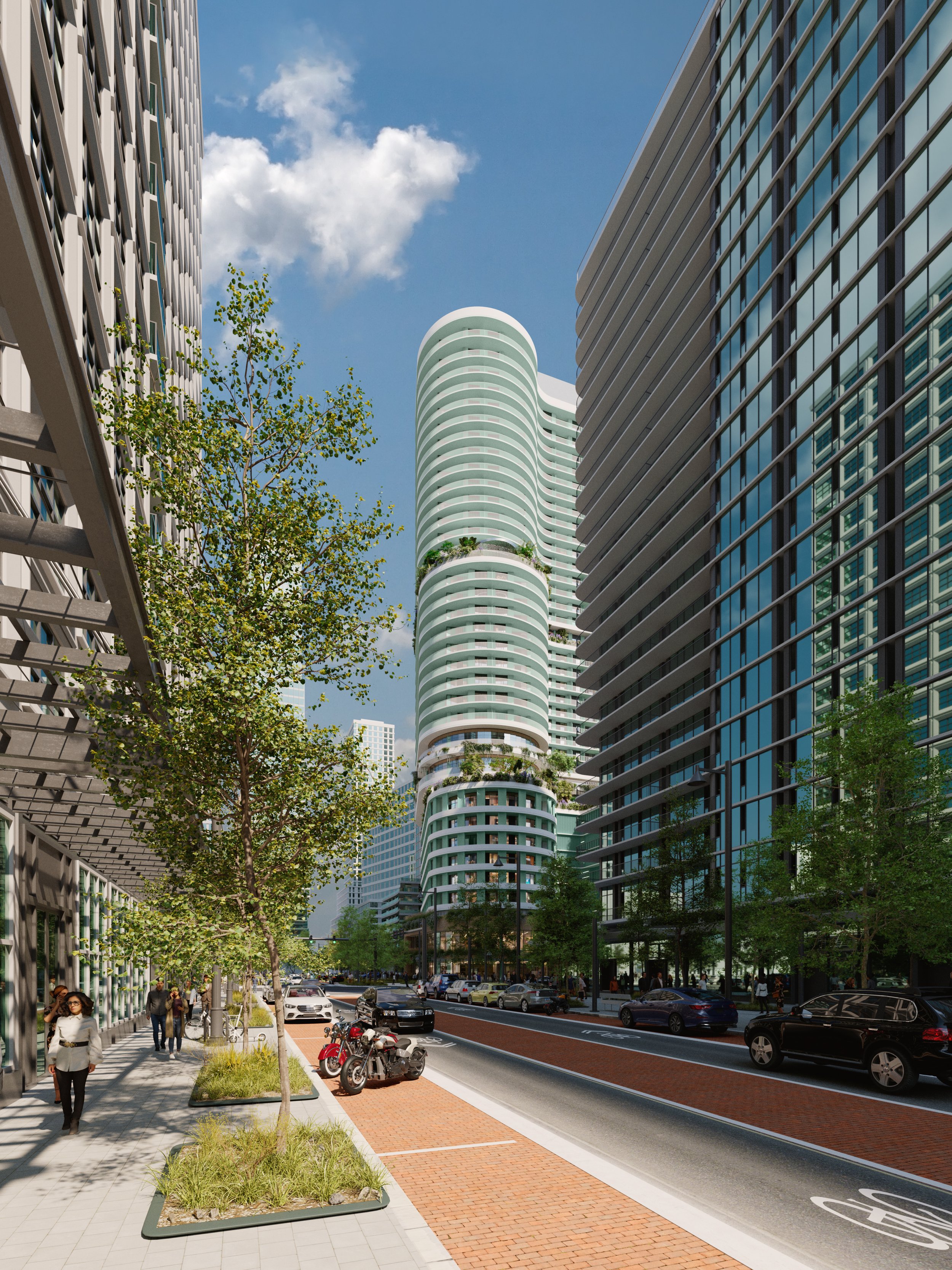 A modern city street scene with high-rise buildings, trees lining the sidewalk, parked motorcycles, and people walking on a sunny day.