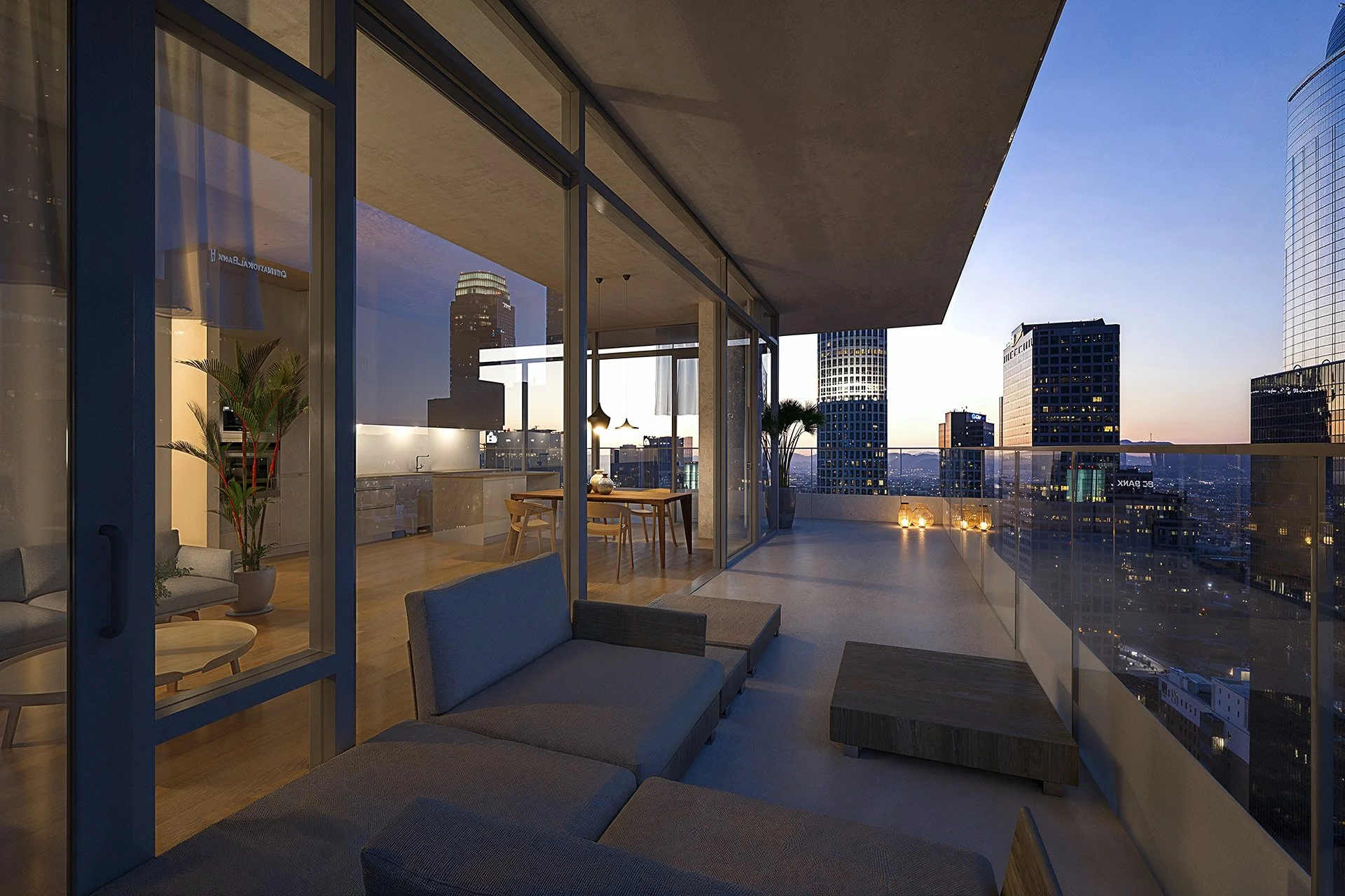 City skyline view from a modern balcony with outdoor seating and glass railing during dusk.