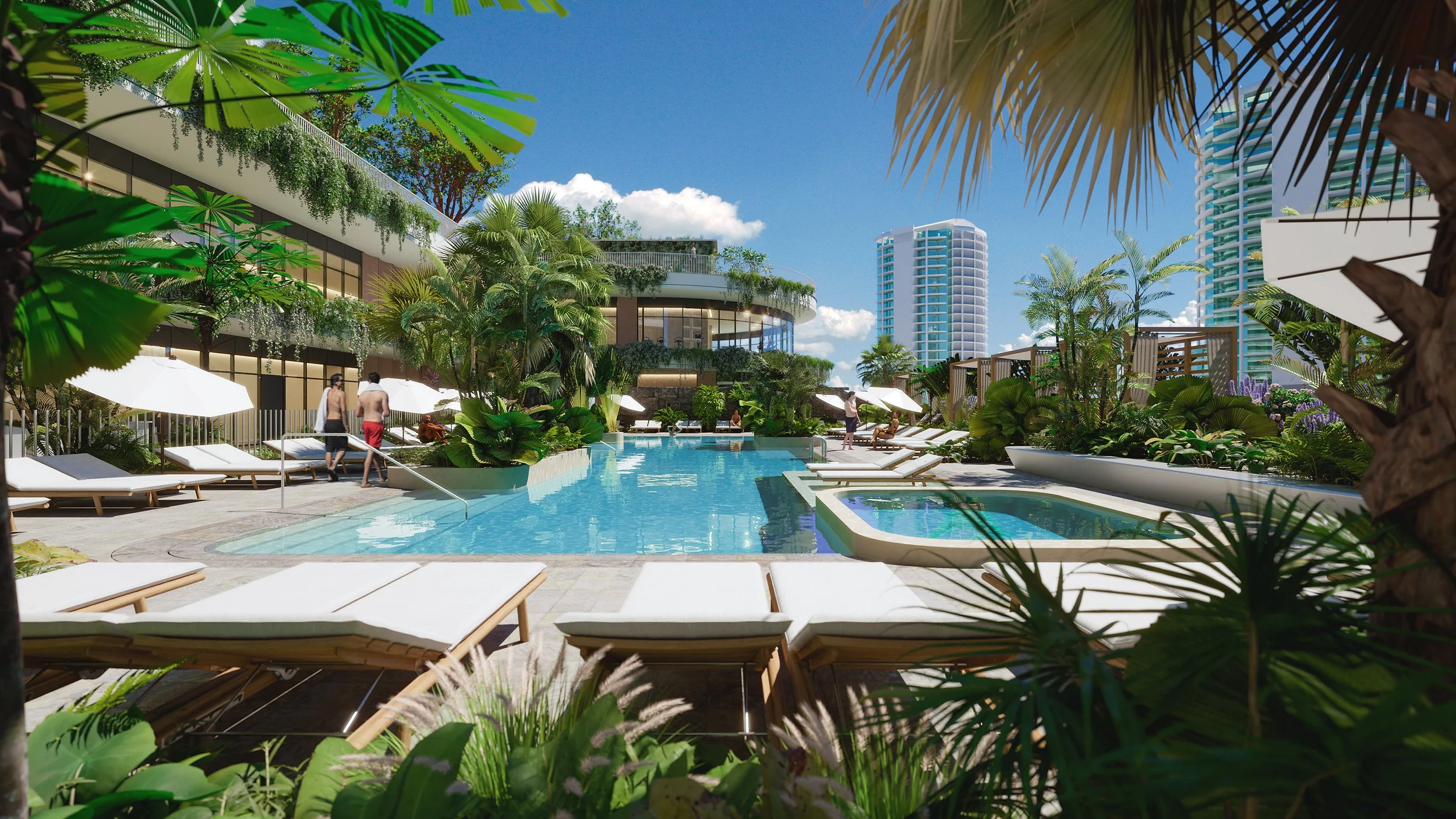Luxury outdoor pool area with lounge chairs, umbrellas, lush green plants, and modern high-rise buildings in the background under a clear blue sky.
