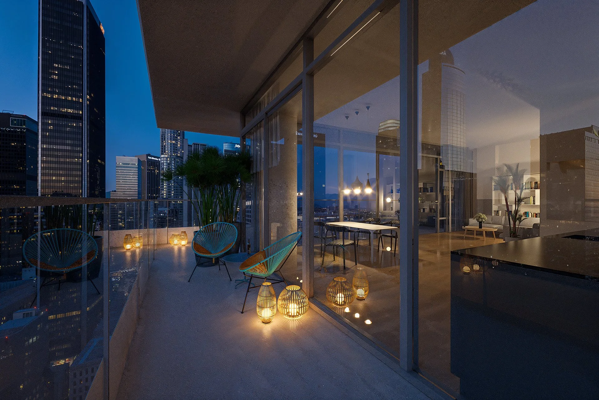 A modern high-rise balcony at dusk with city skyline in the background. The balcony is decorated with outdoor chairs, lanterns, and potted plants. The interior visible through glass doors shows a cozy living room with bookshelves and seating.