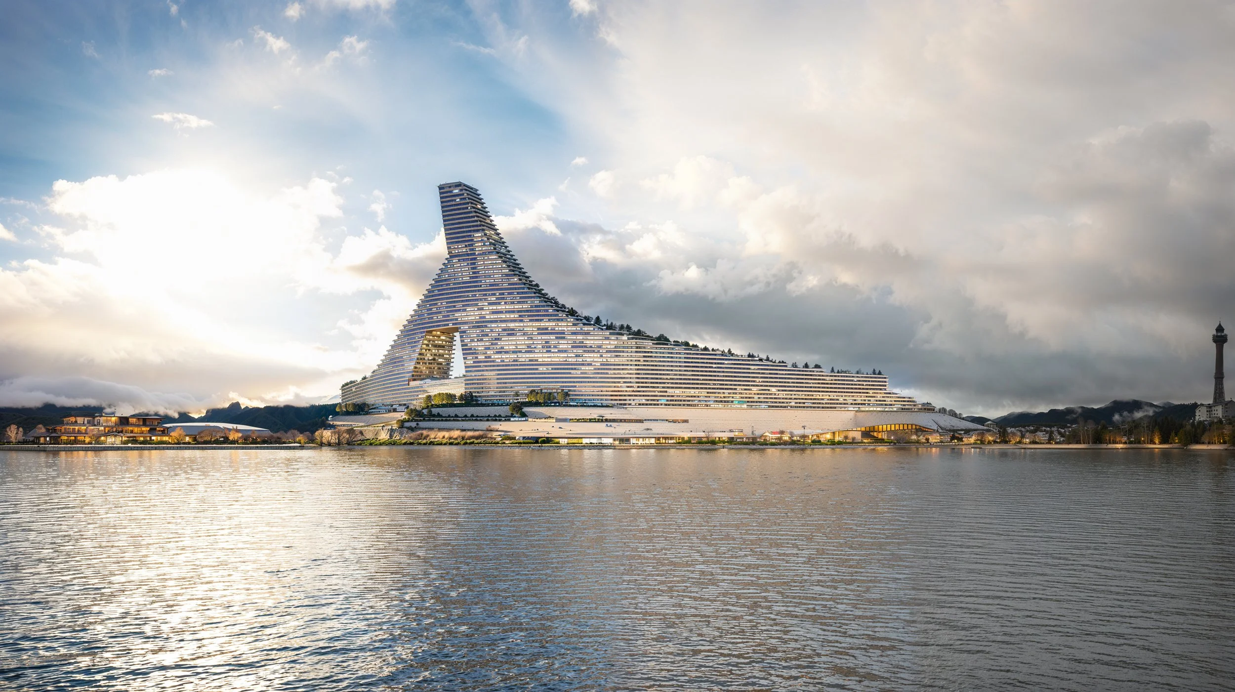 A modern, uniquely shaped building with a curved design sits by a body of water, with mountains and a cloudy sky in the background.