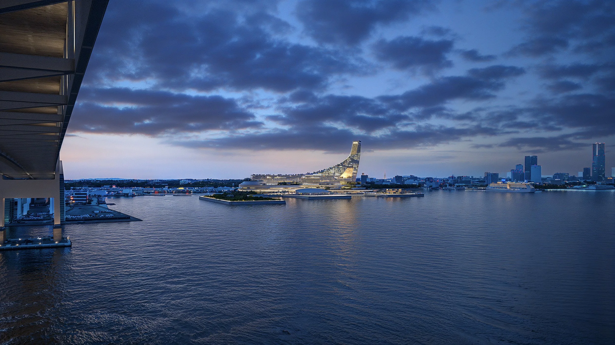 City skyline at dusk featuring a unique, ship-like building on a river with surrounding modern buildings and a cloudy sky.
