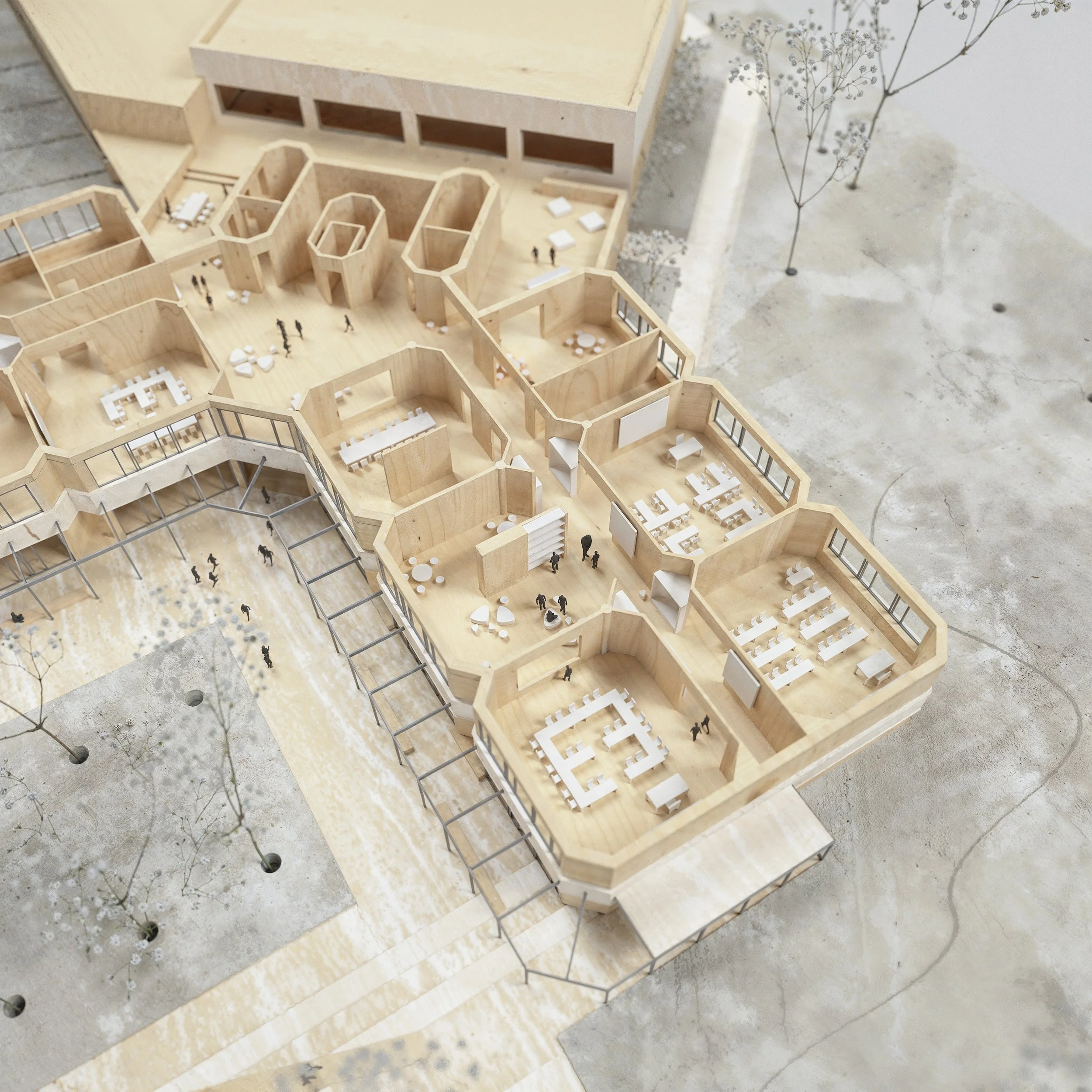 Architectural model of a building with modular rooms, some with open walls and large windows, featuring office spaces, meeting areas, and communal seating, set on a surroundings of textured surface and miniature trees.