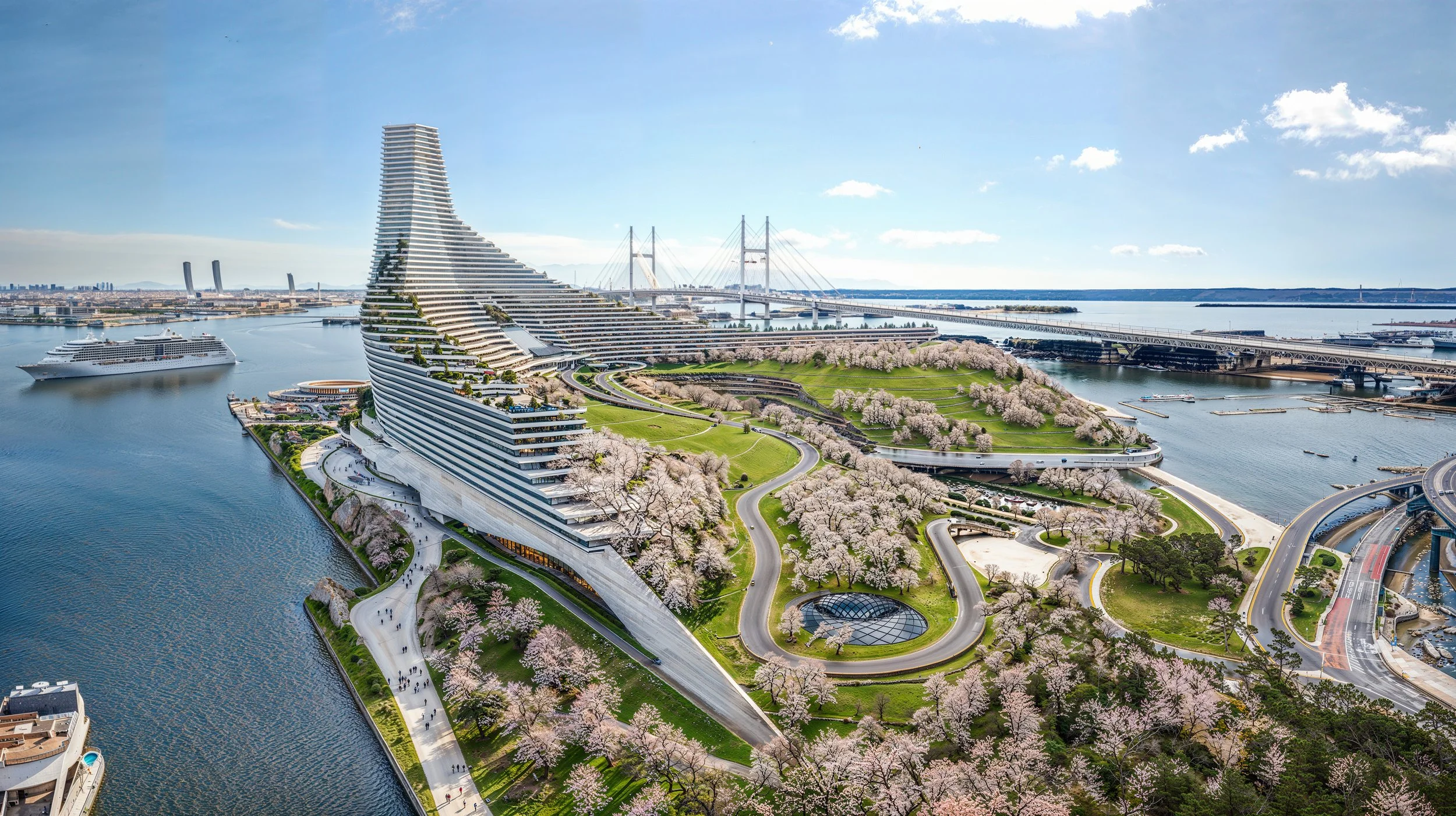 A modern, curved skyscraper with terraces, surrounded by cherry blossom trees, water, boats, and a bridge in the background.