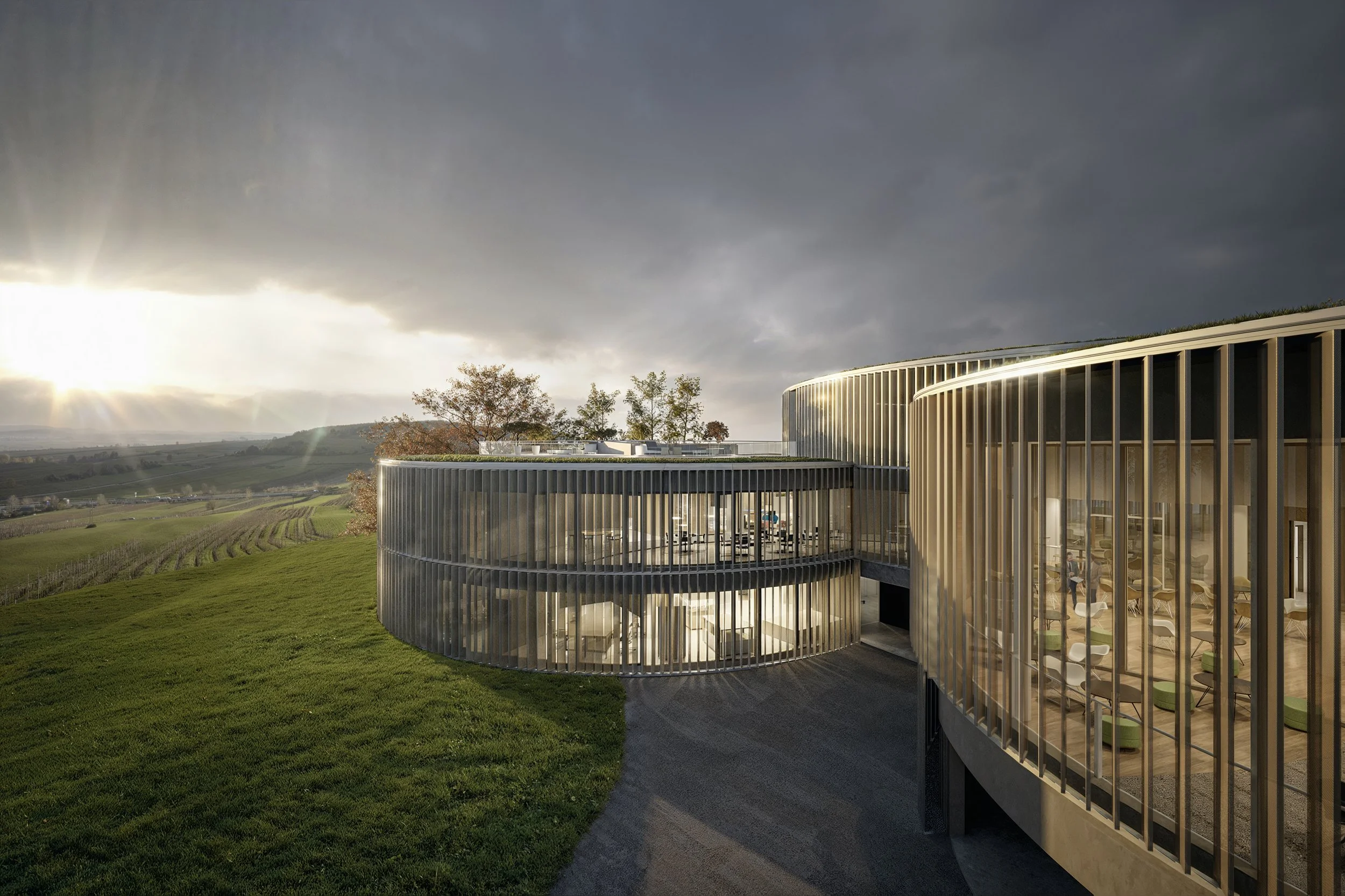 Modern building with curved glass walls, situated on a grassy hillside with trees, under a dark, cloudy sky, with sunlight peeking through.