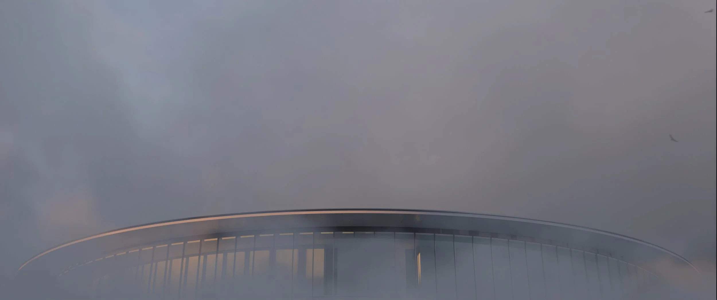 A modern building with a curved roof and glass windows, partially obscured by mist or fog, under a cloudy sky.