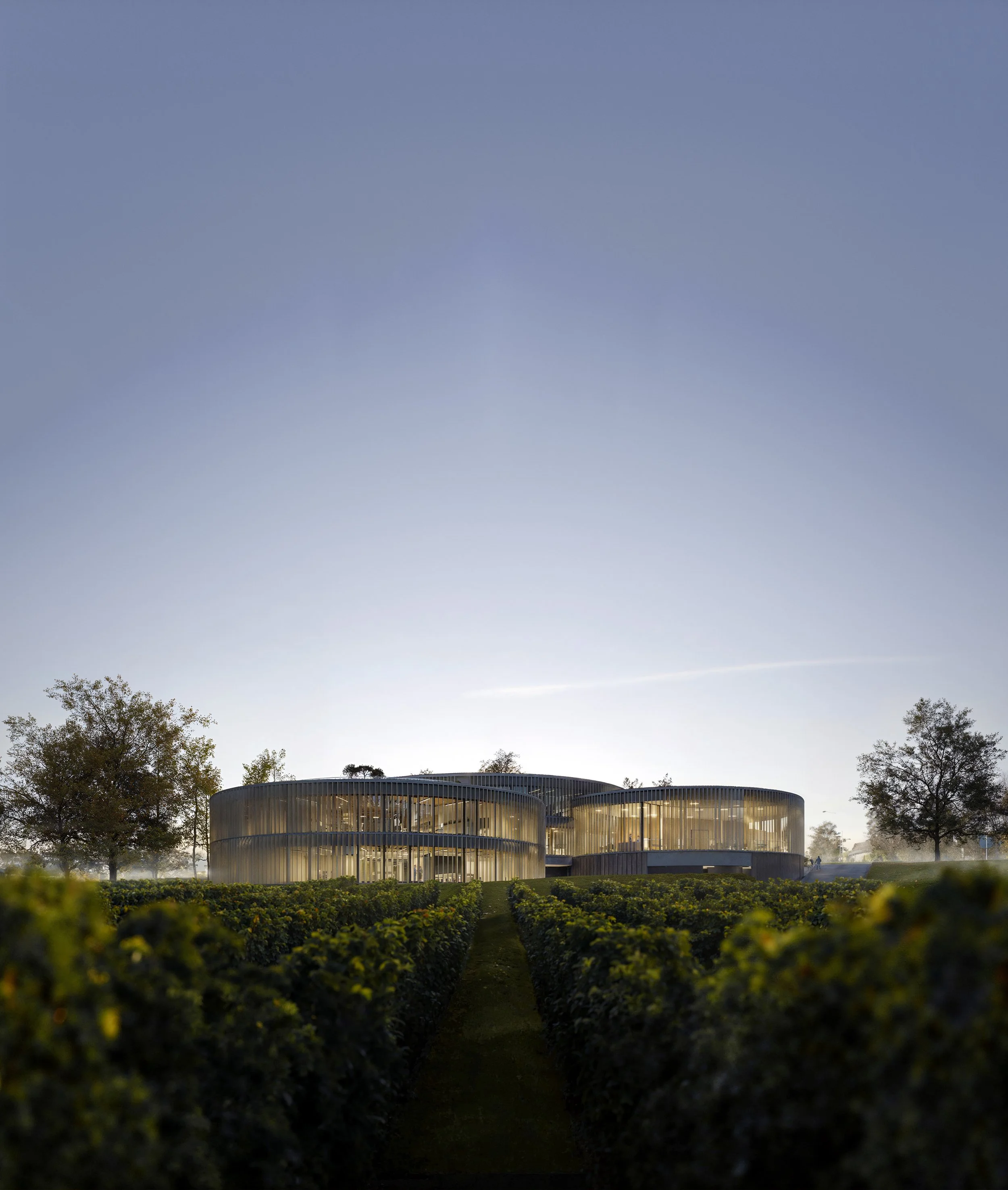 Modern building with glass walls, situated in a landscaped garden with hedges and trees under a clear sky.