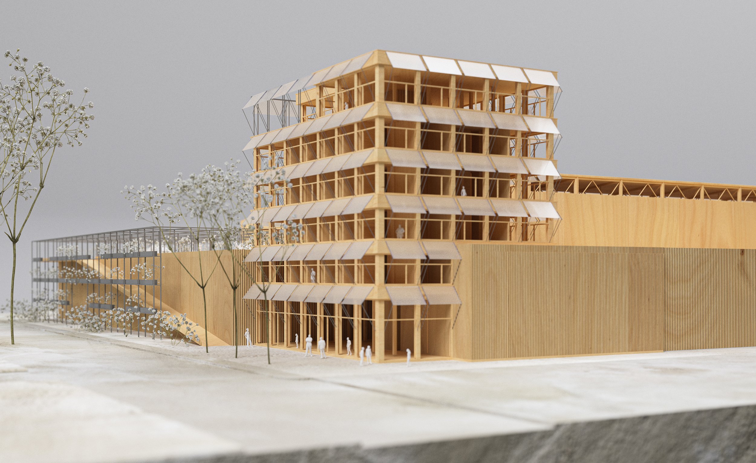 Architectural model of a modern multi-story wooden building with open spaces and balconies, surrounded by trees and people walking nearby.