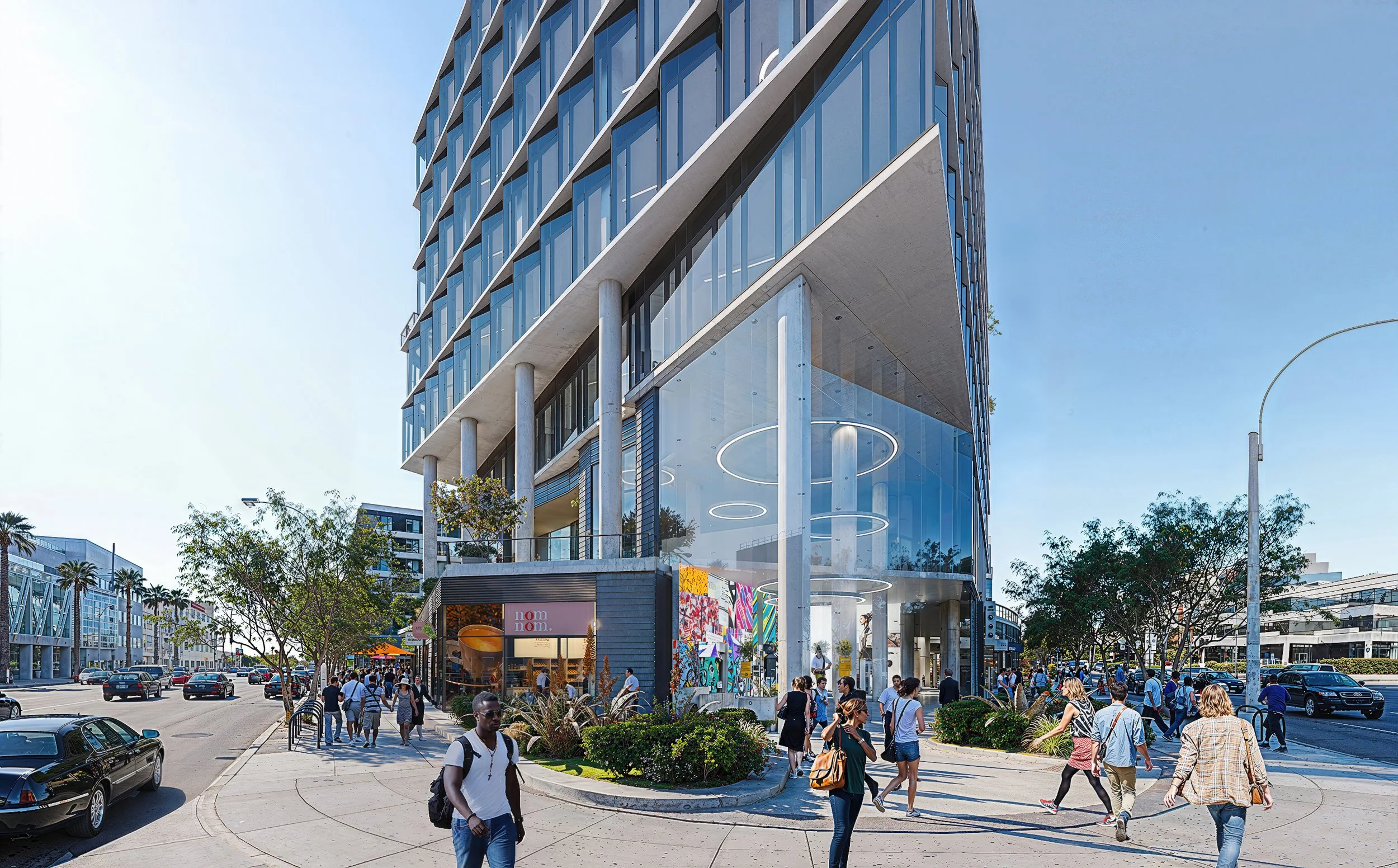 Modern multi-story building in a city with people walking on the sidewalk and cars on the street, featuring glass facade and retail stores at street level.