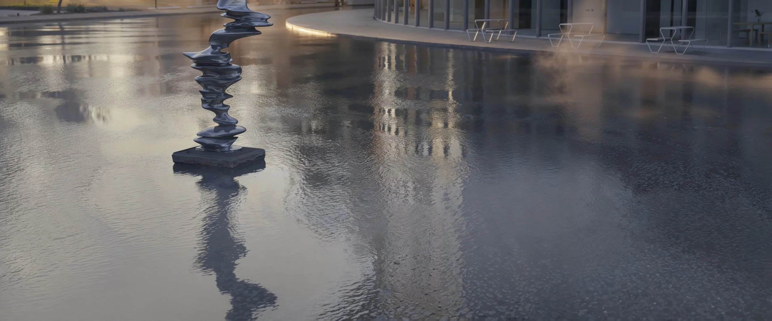 A modern outdoor sculpture resembling a twisted, metallic ribbon stands on a square base in a shallow water feature, reflecting the surrounding buildings and sky at sunset.