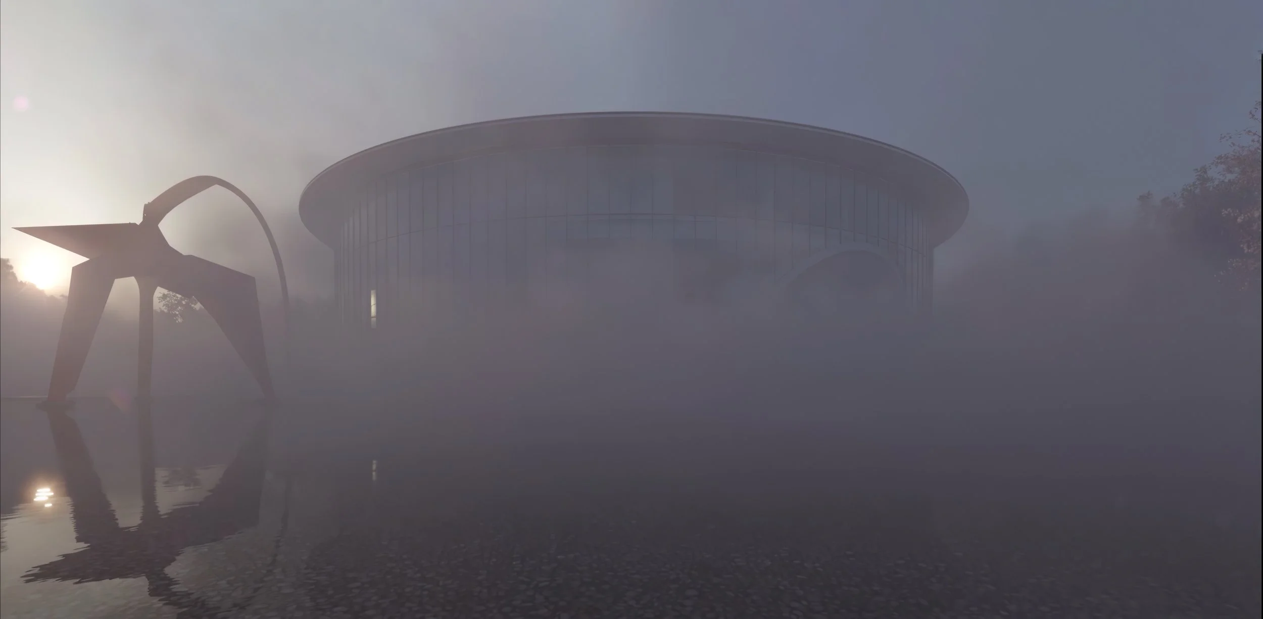 A modern circular building with glass facade shrouded in fog, reflected on wet ground, with a futuristic sculpture nearby.
