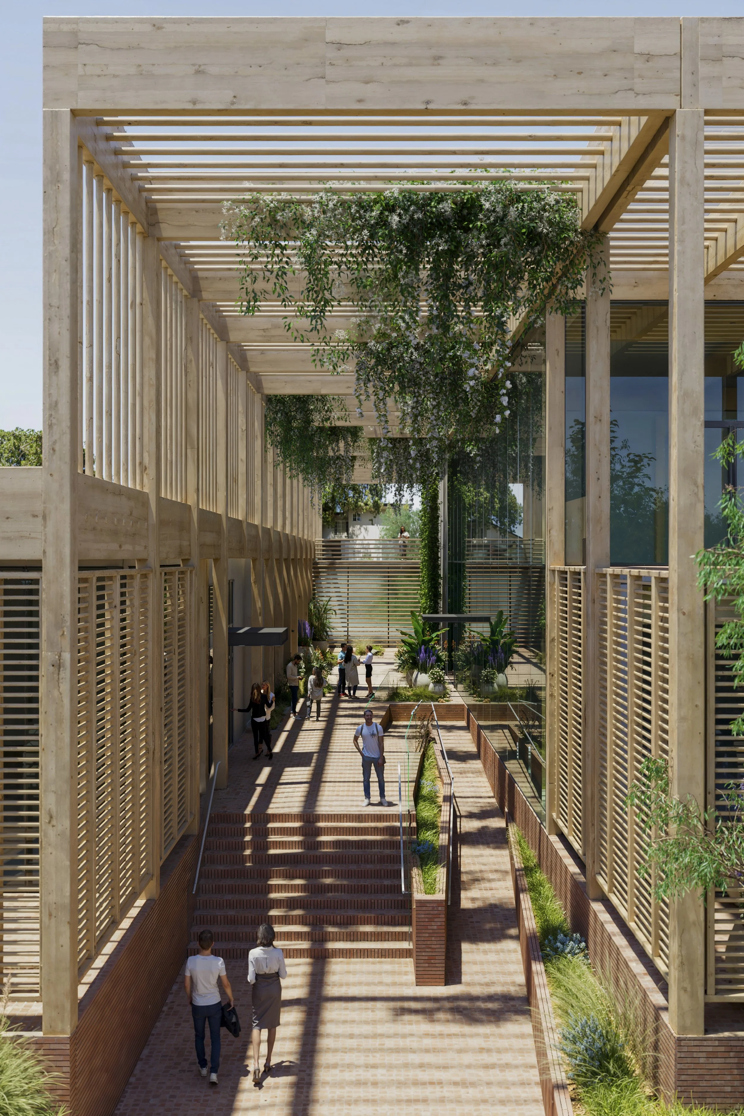 Modern architectural outdoor space with wooden structures, steps, and greenery, with people walking and socializing.