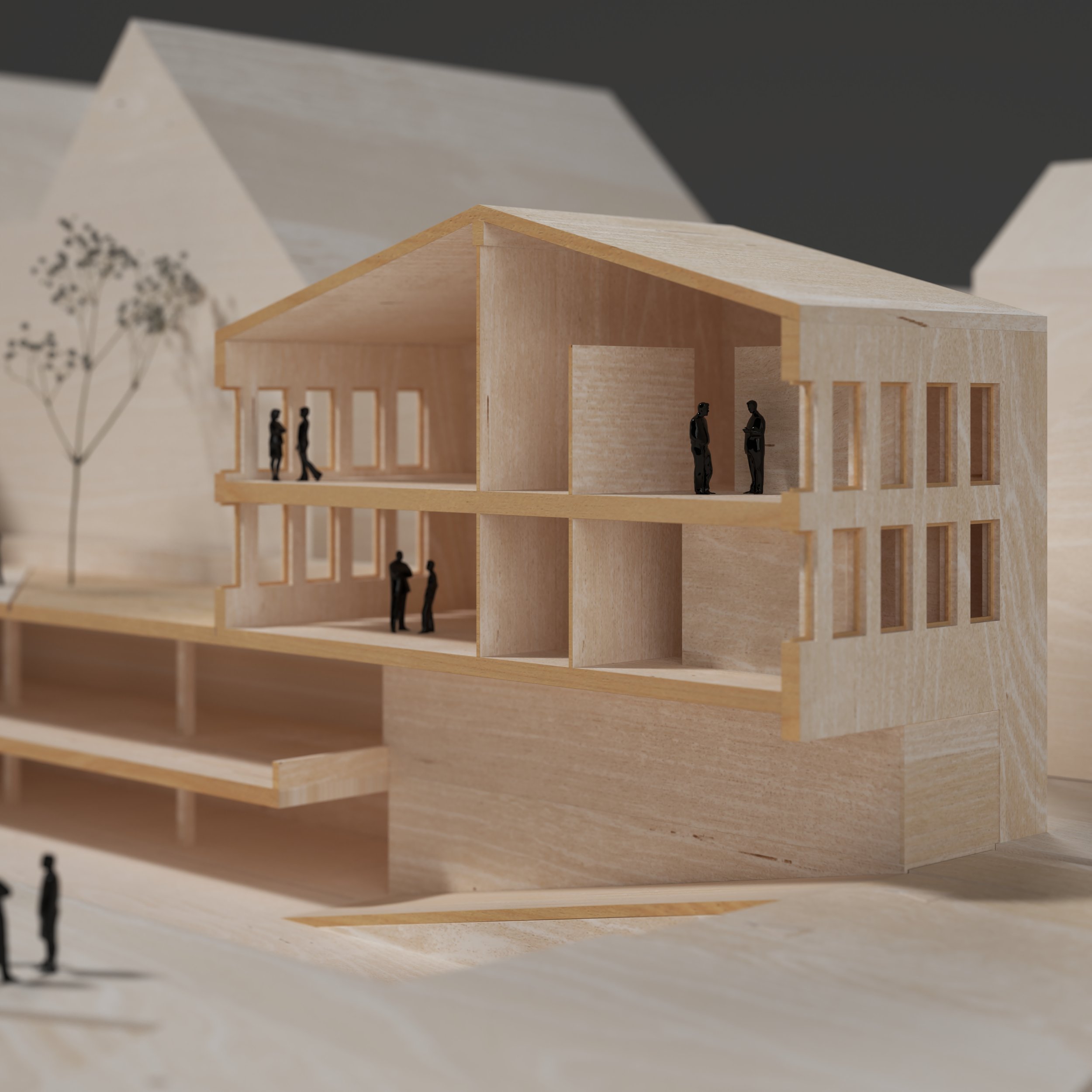 A architectural model of a multi-story wooden building with several rooms and figures of people inside and outside.