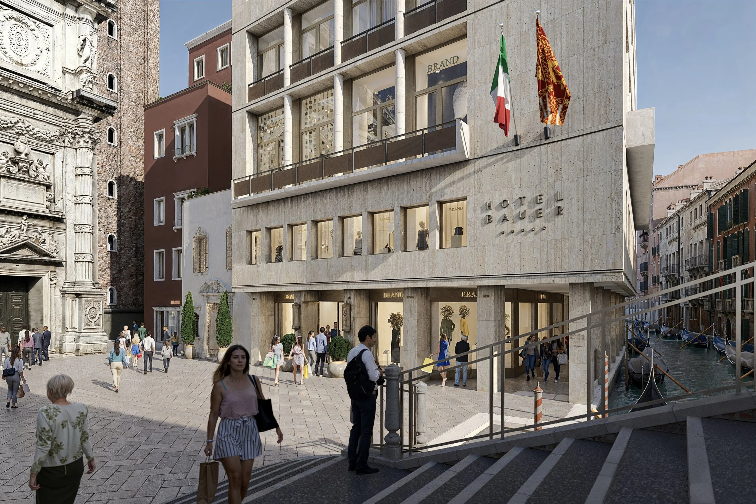 A busy city street scene with a modern building labeled 'Hotel Bauer' and a canal with gondolas nearby. Pedestrians walk along the sidewalk, and flags are displayed on the building.