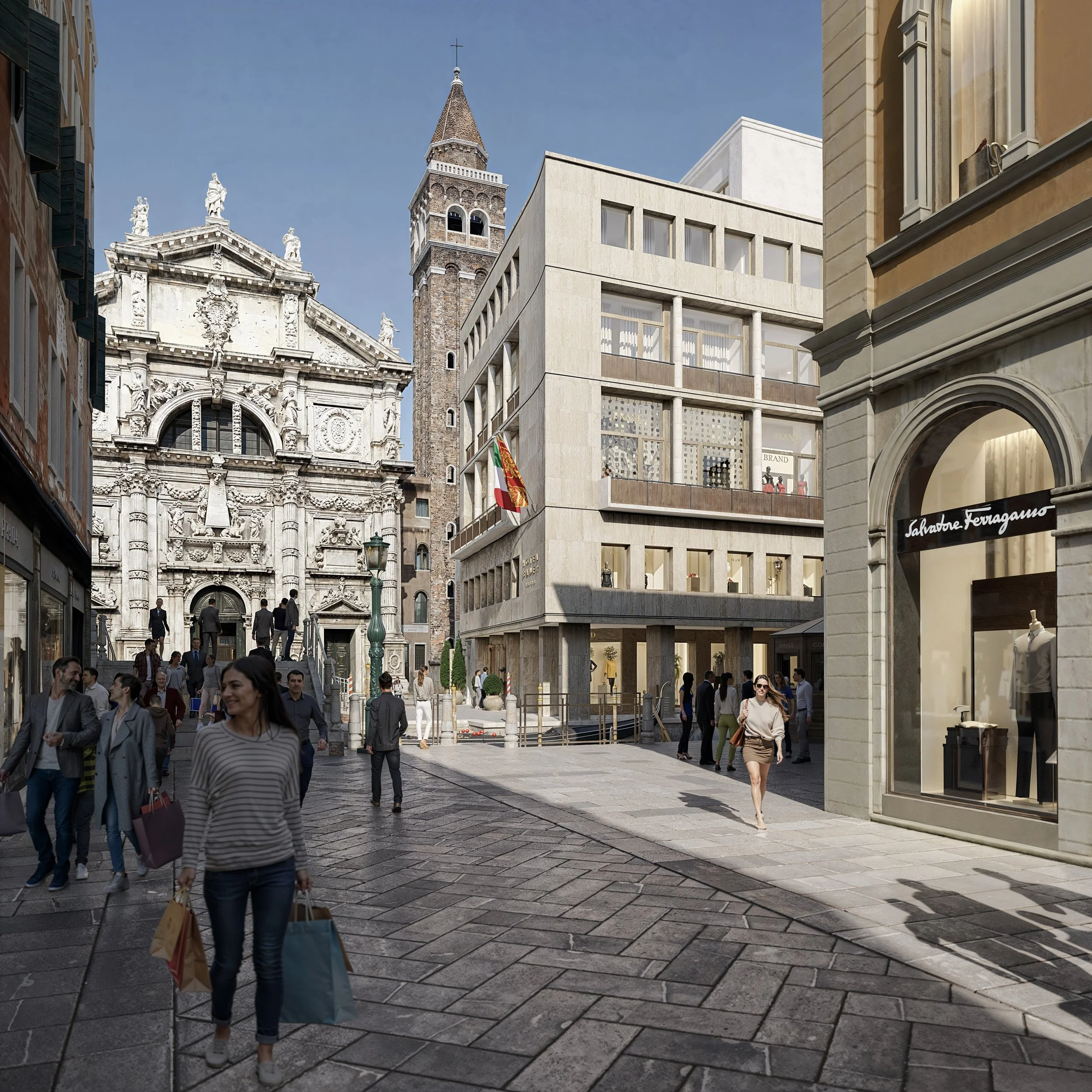 A busy shopping street with people walking and shopping, featuring historic and modern buildings, including a white baroque church, a modern office building, and luxury stores such as Salvatore Ferragamo. The sky is clear and sunny.