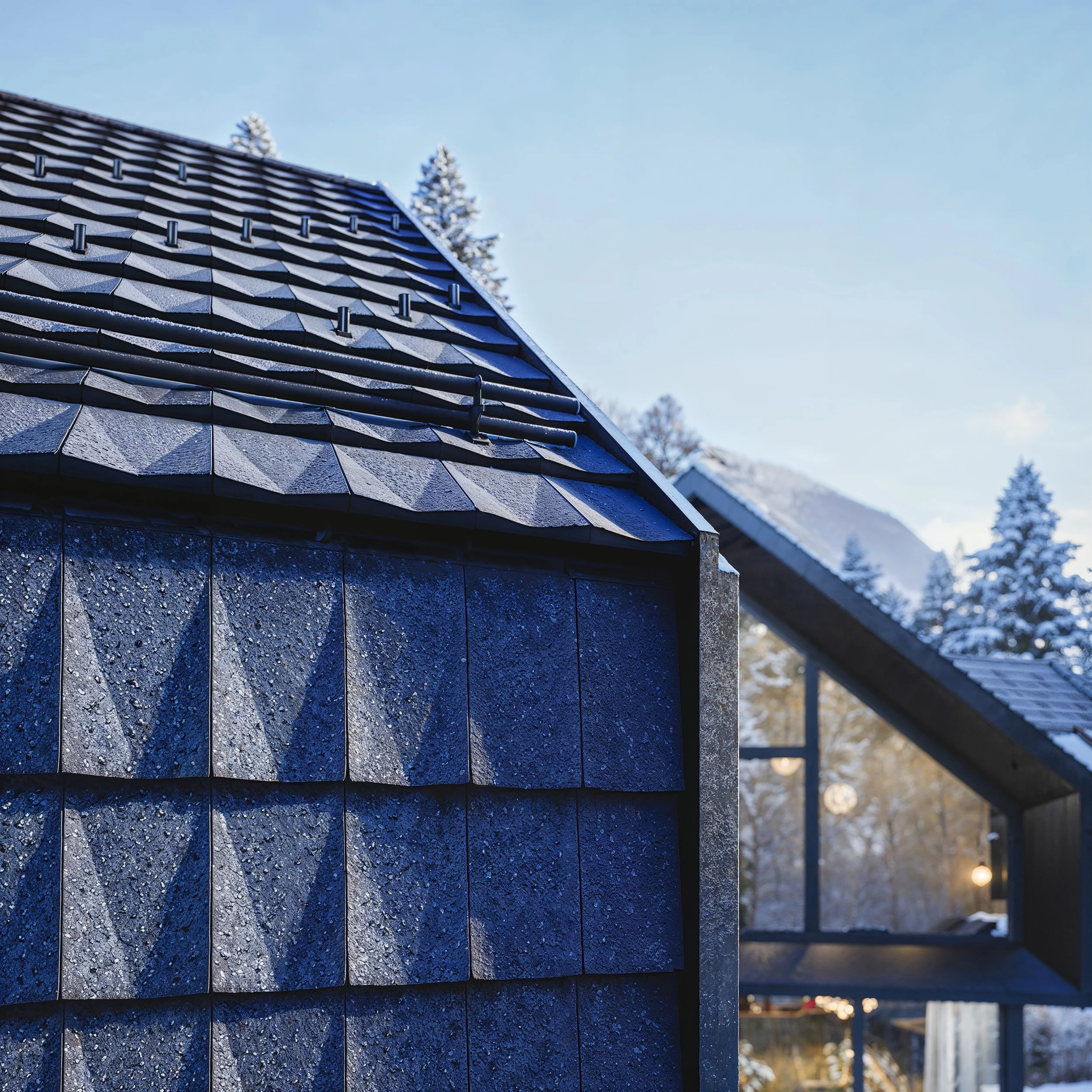 Close-up of a house's dark gray tiled roof with snow, with a section of textured wall in the foreground. In the background, other houses and snow-covered trees are visible.