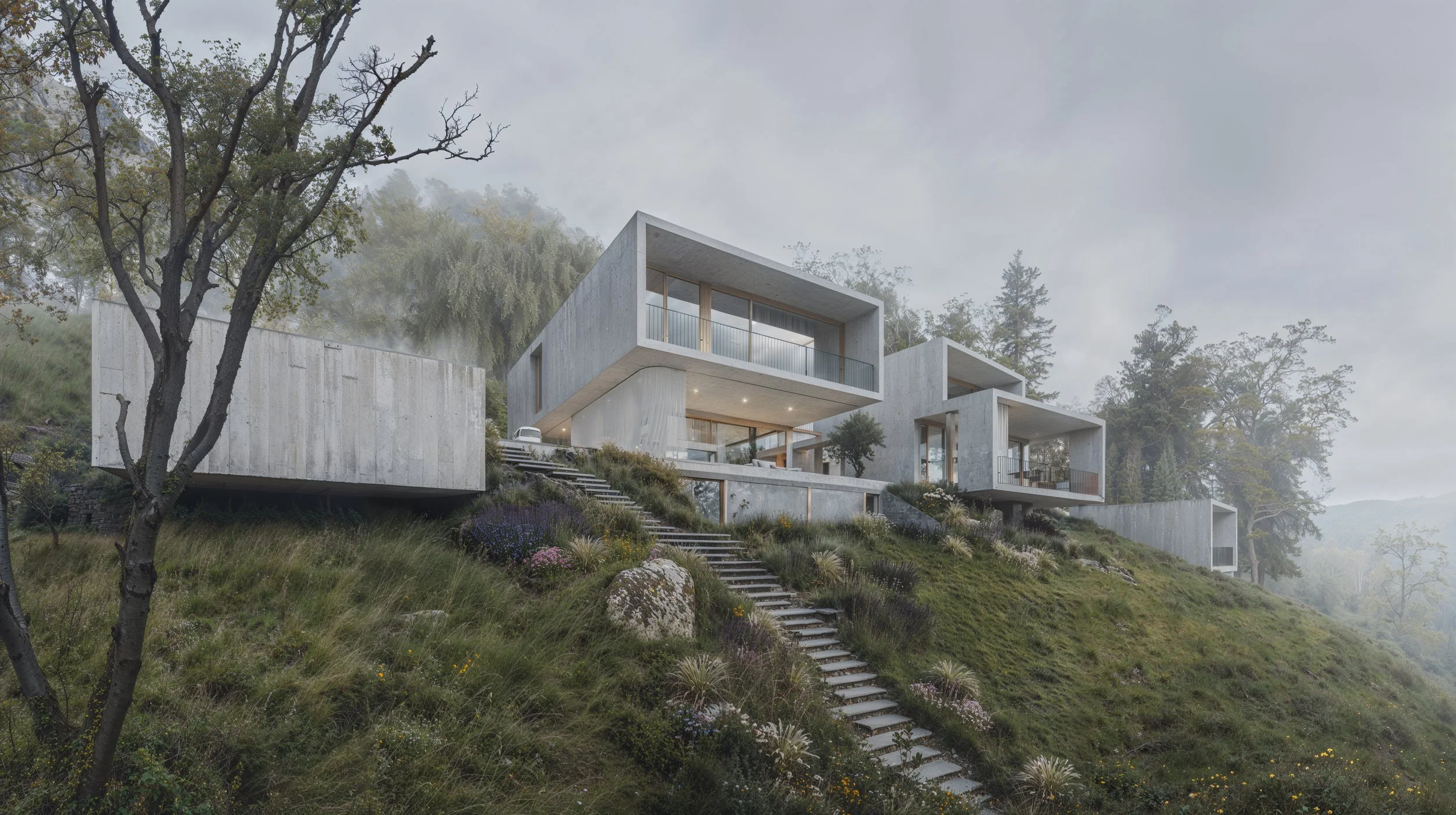 Modern concrete house on a hillside with large glass windows, surrounded by trees and landscaped garden with a staircase leading up to the house.