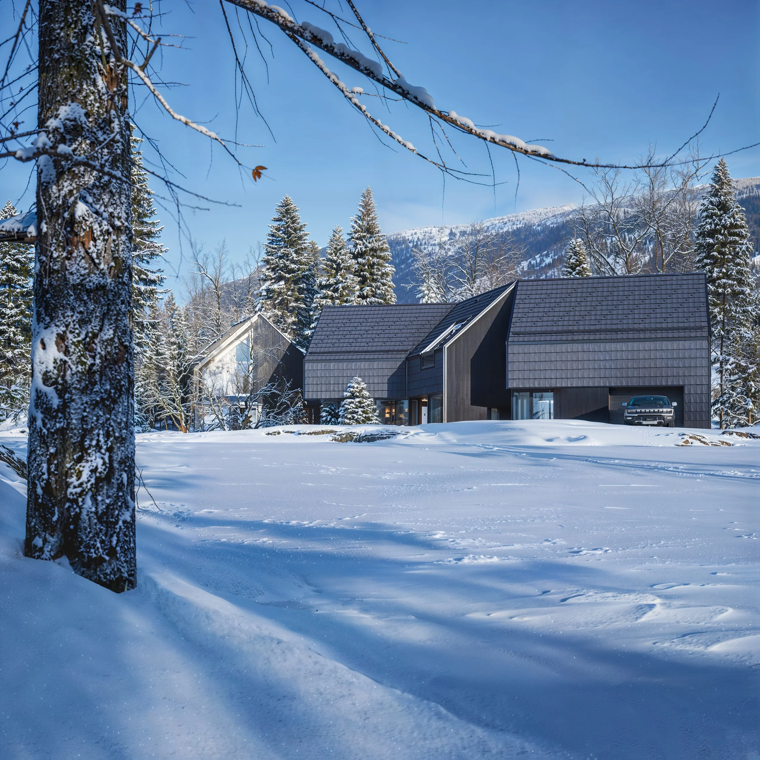 Modern black and gray house with large windows and a garage, surrounded by snow with tire tracks, situated in a forested area with tall pine trees and mountain in the background under a clear blue sky.