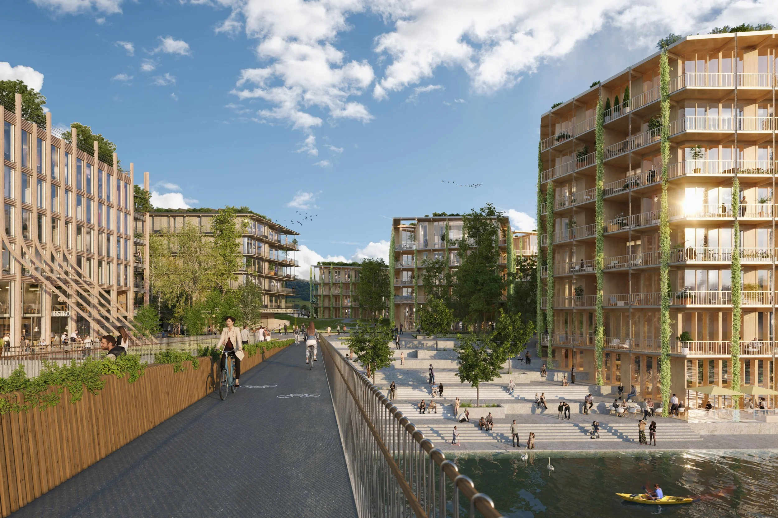 Illustration of a modern waterfront urban development with multi-story residential buildings, a pedestrian and bike path, trees, outdoor seating, people enjoying the area, and a small boat on the water under a partly cloudy sky.