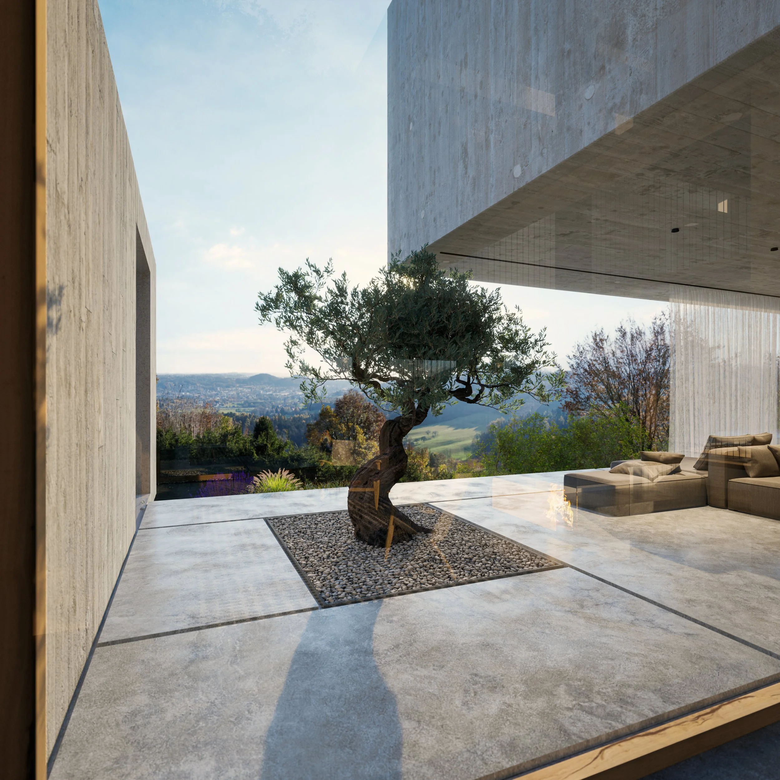 Modern indoor space with large glass windows, a small ornamental tree planted in a bed of rocks, and a scenic landscape view of trees and hills outside.