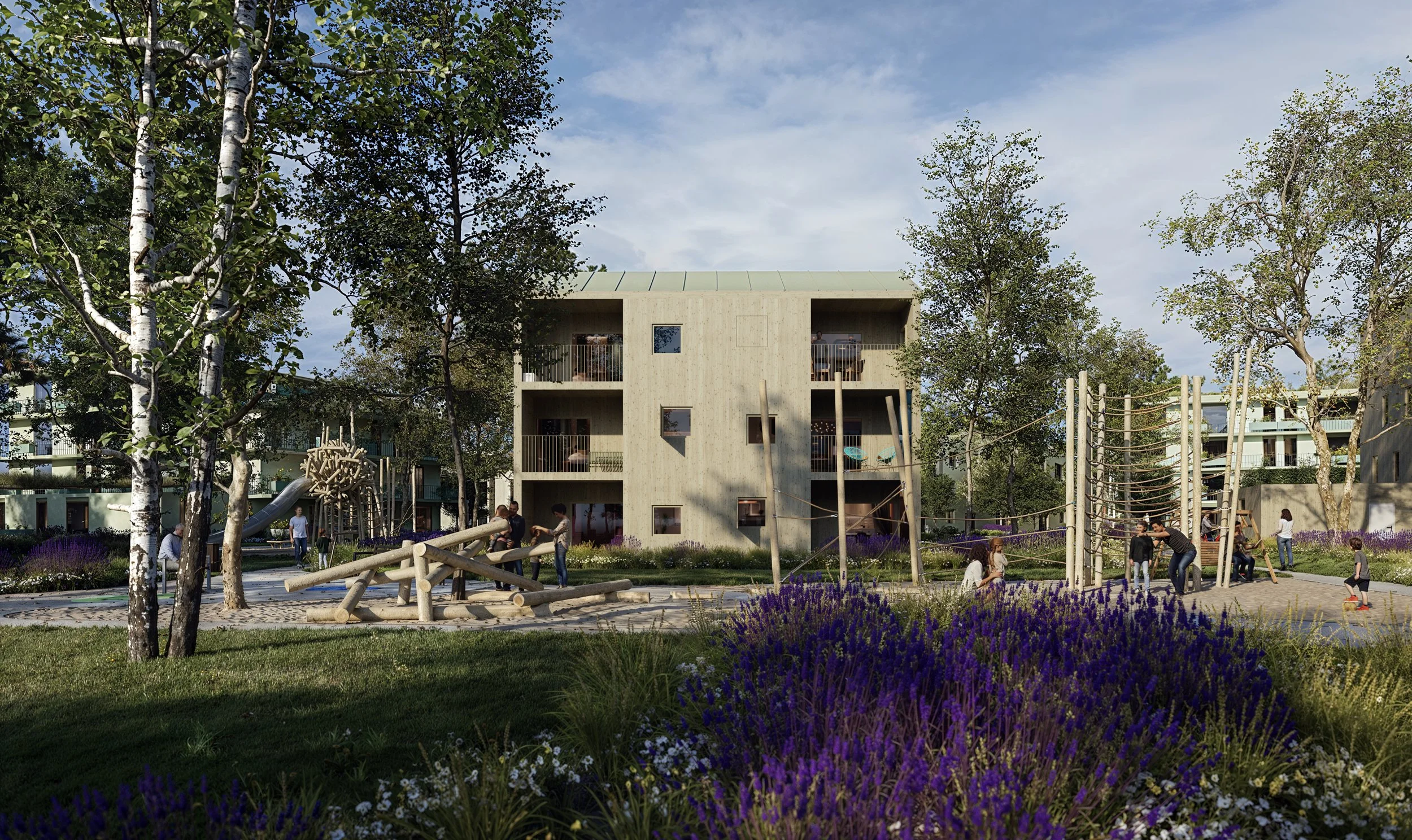 Children playing on outdoor playground equipment in front of a modern, three-story concrete apartment building surrounded by trees and flowering plants.