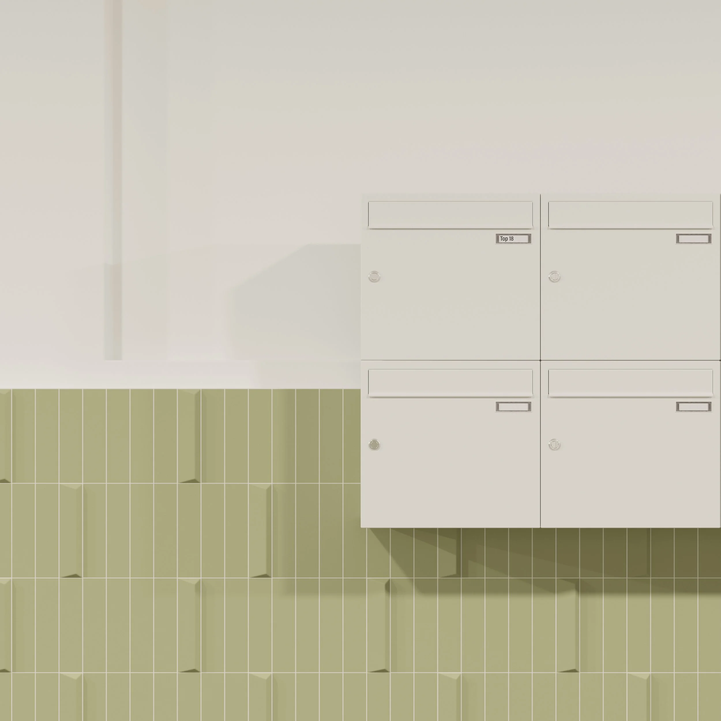 Four white mailboxes mounted on a pale green tiled wall in a hallway.