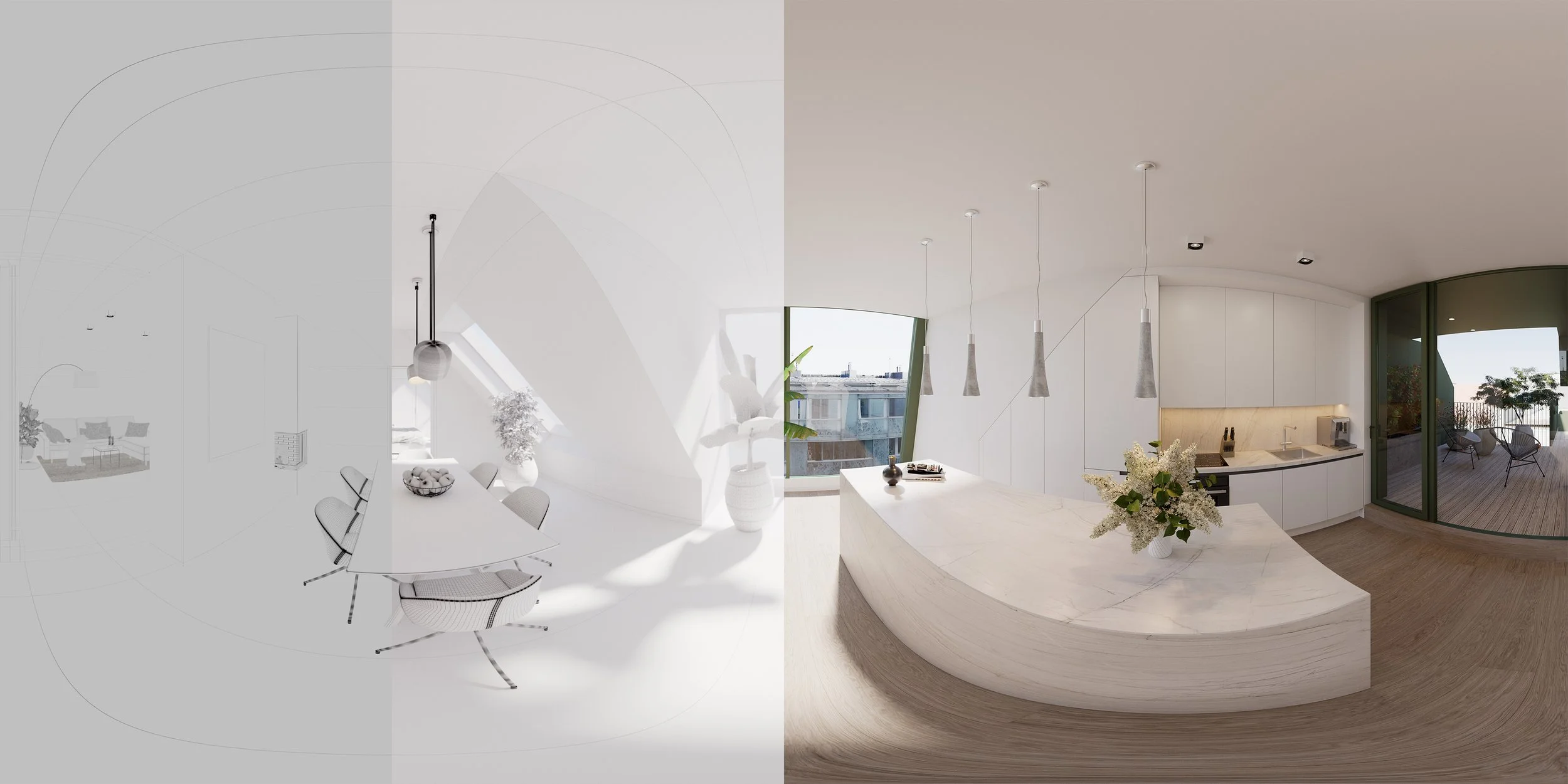 A modern, bright kitchen and dining area with white walls and cabinetry, a curved kitchen island, pendant lights, and a balcony with outdoor seating.
