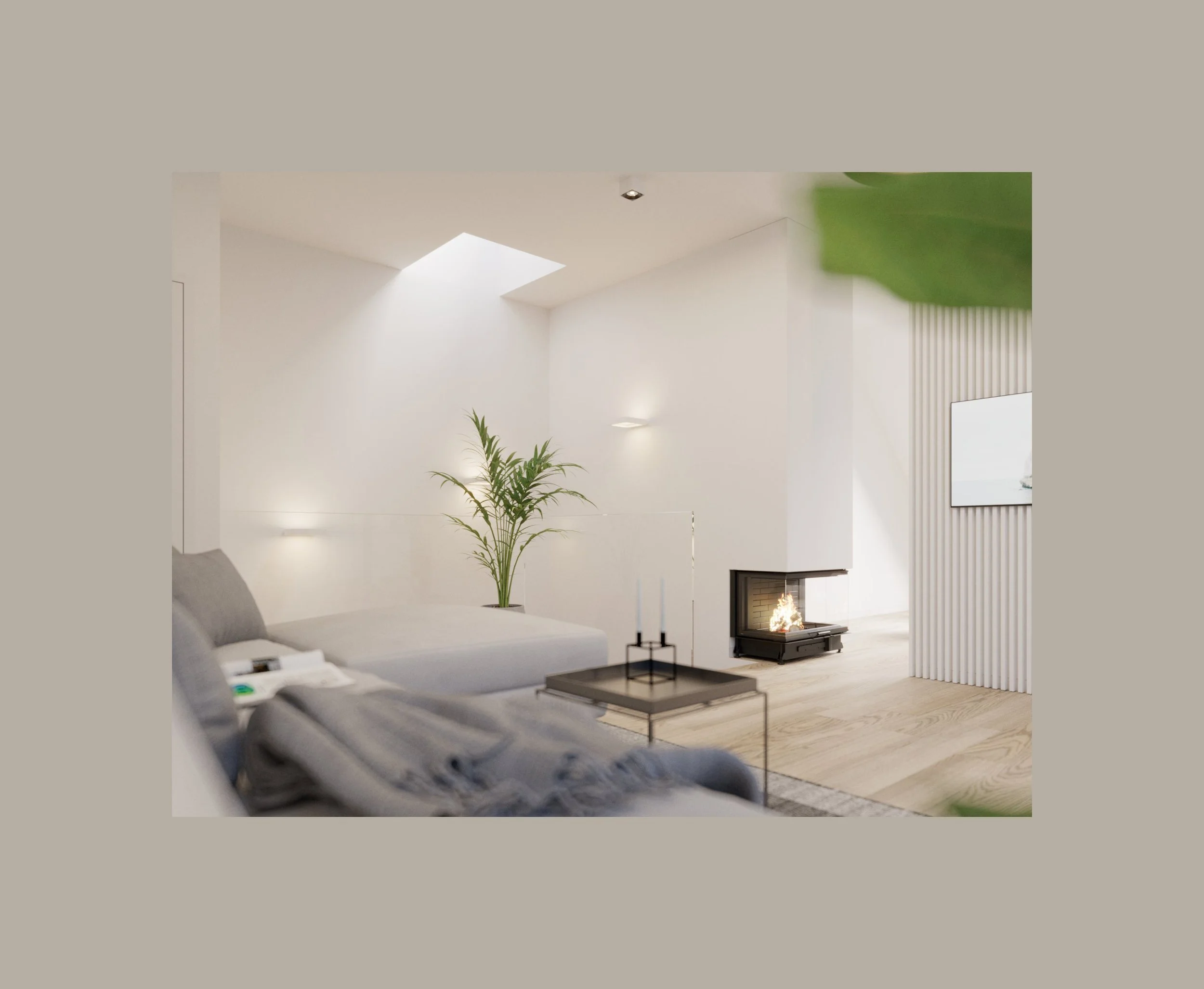 Minimalist living room with white walls, a skylight, a potted plant, a fireplace, a wall-mounted TV, and a couch with a gray blanket.