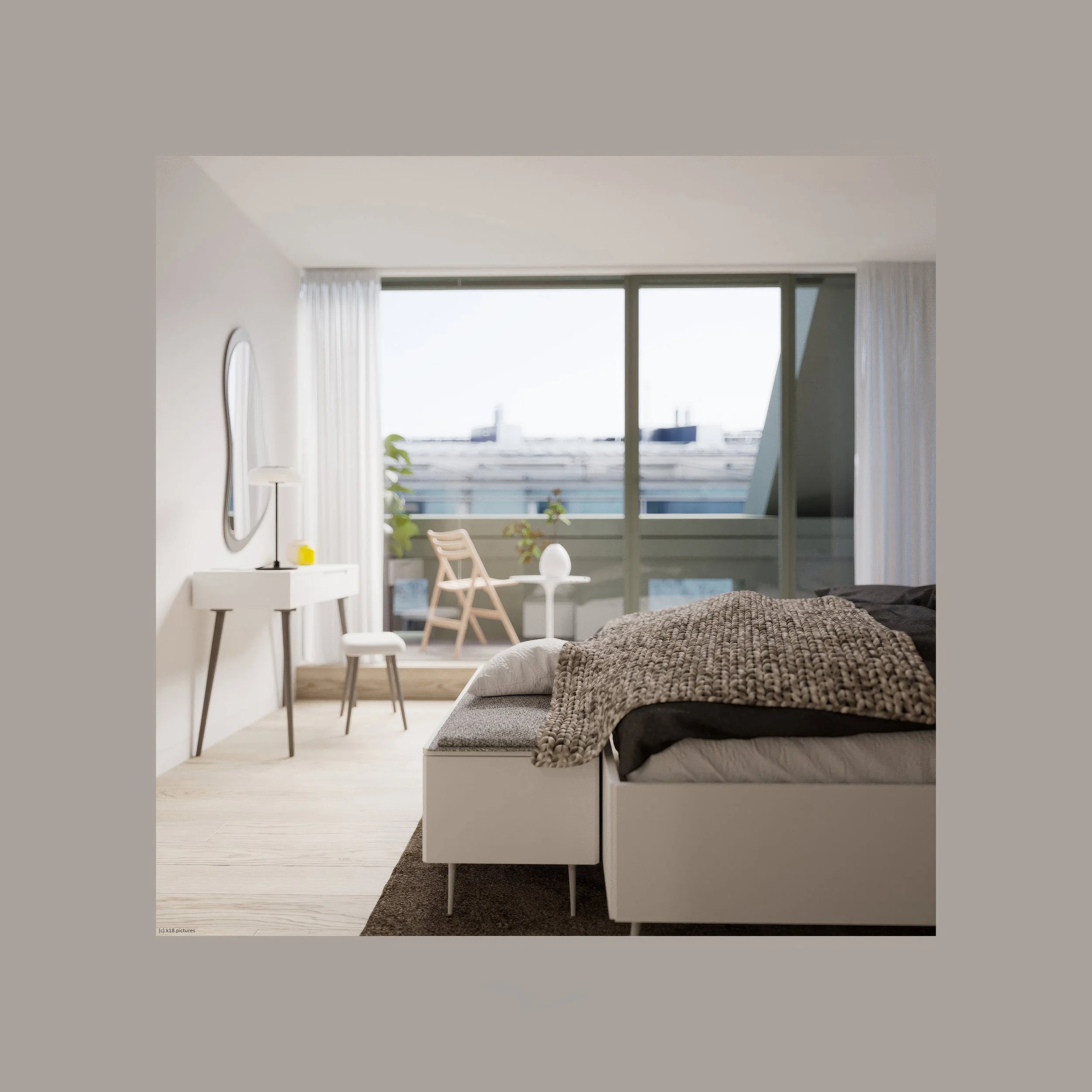 Modern bedroom with a large window showing buildings outside, a bed with neutral bedding, a small white bench, and a balcony with chairs and plants.