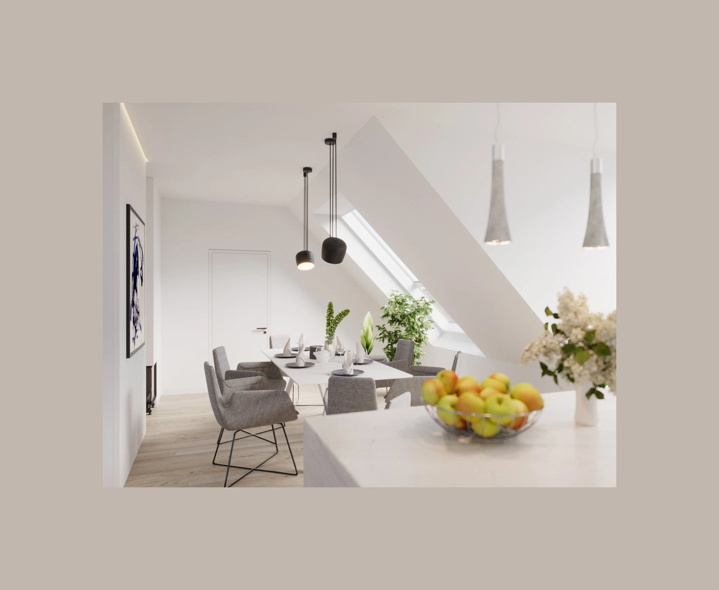 Modern dining room with a white table, gray chairs, black pendant lights, and a skylight, decorated with green plants, fruit bowl, and flowers.