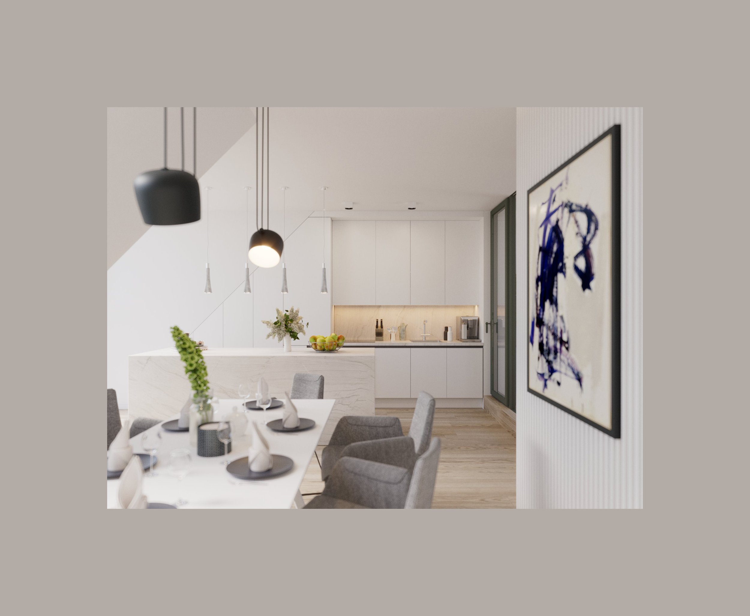 Modern dining area with a white table set with white napkins, plates, and glasses, gray chairs, a kitchen with white cabinets and a marble countertop, black and white pendant lights, a large abstract painting on the wall, and minimal decor with a fru