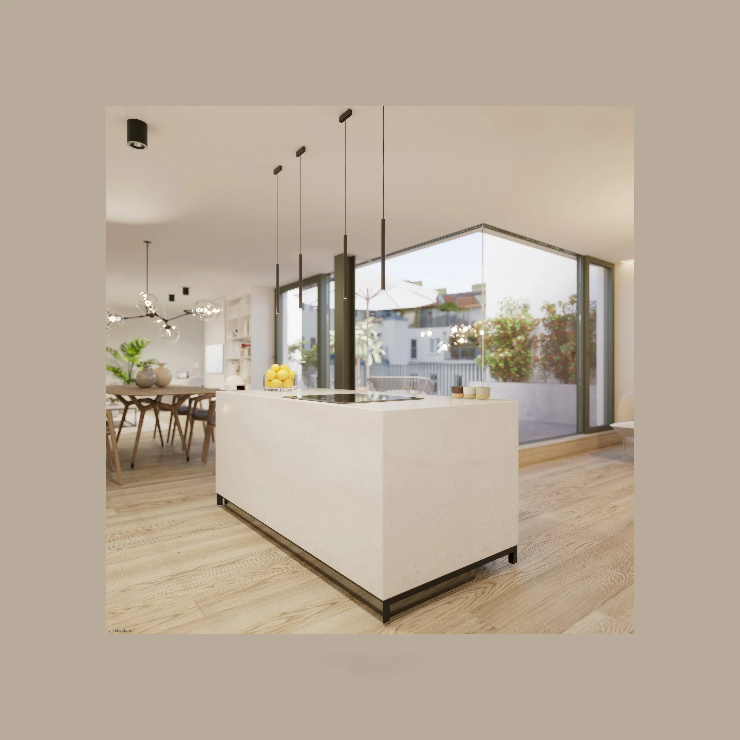 Modern open-concept kitchen with a white island, pendant lighting, large sliding glass doors, and a dining area with a wooden table and chairs.