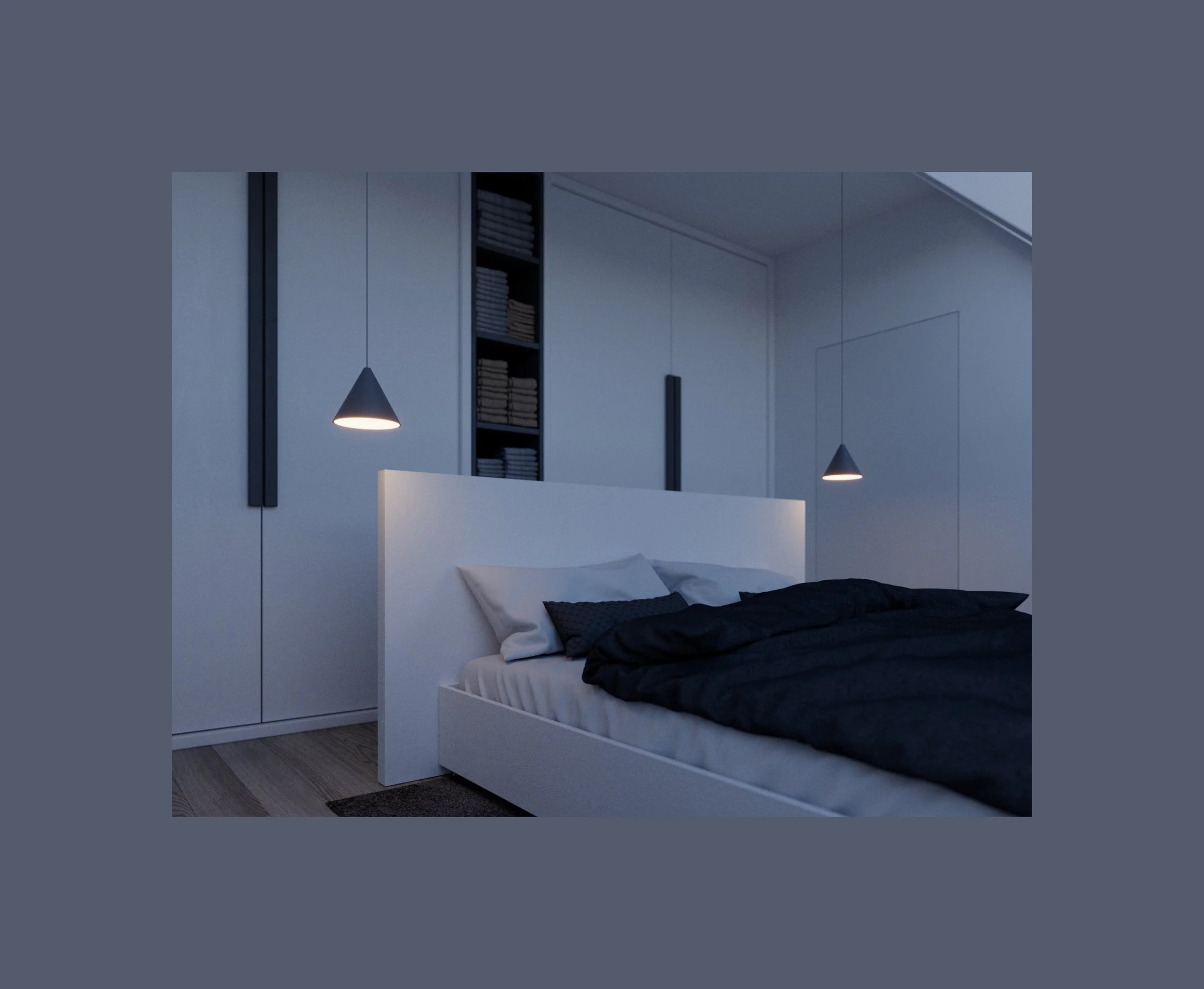 Minimalist bedroom with a white bed, black bedding, and pillows, illuminated by two hanging pendant lights.