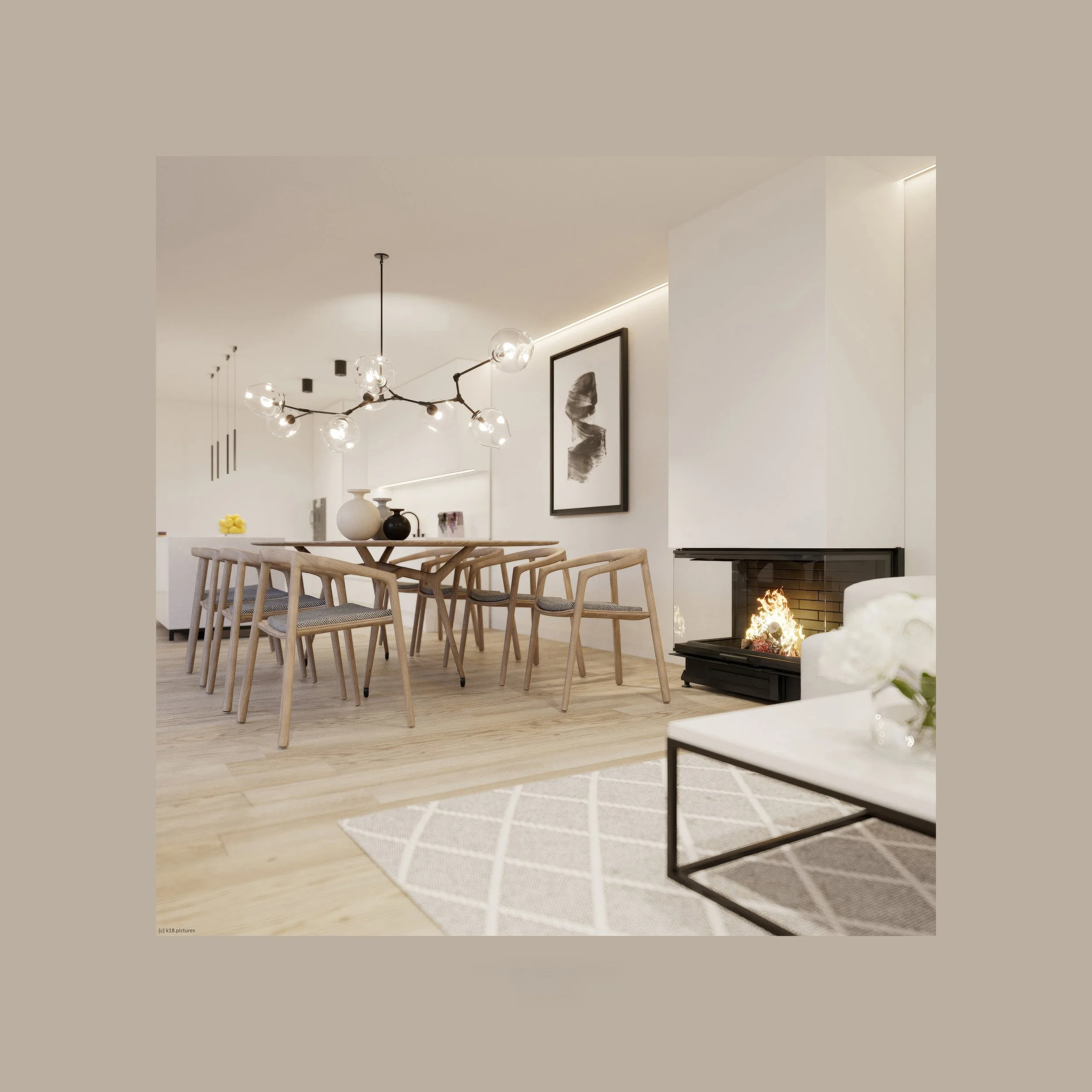 Modern interior living and dining room with a wood dining table, light wood chairs, a contemporary chandelier, abstract black and white art, and a fireplace with a fire, neutral color palette, light wood floors, and a beige area rug.
