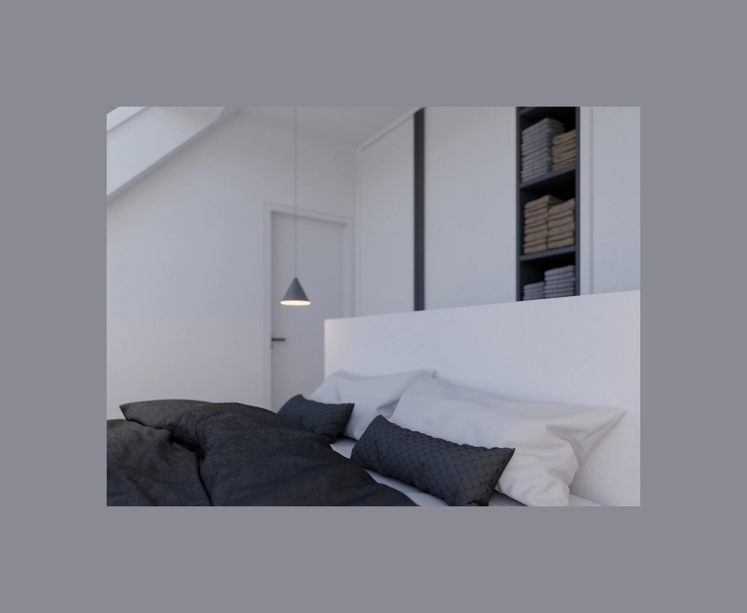 A minimalist bedroom with a bed featuring black and white pillows and dark bedding, a hanging pendant light, a door, and a bookshelf with neatly folded towels.