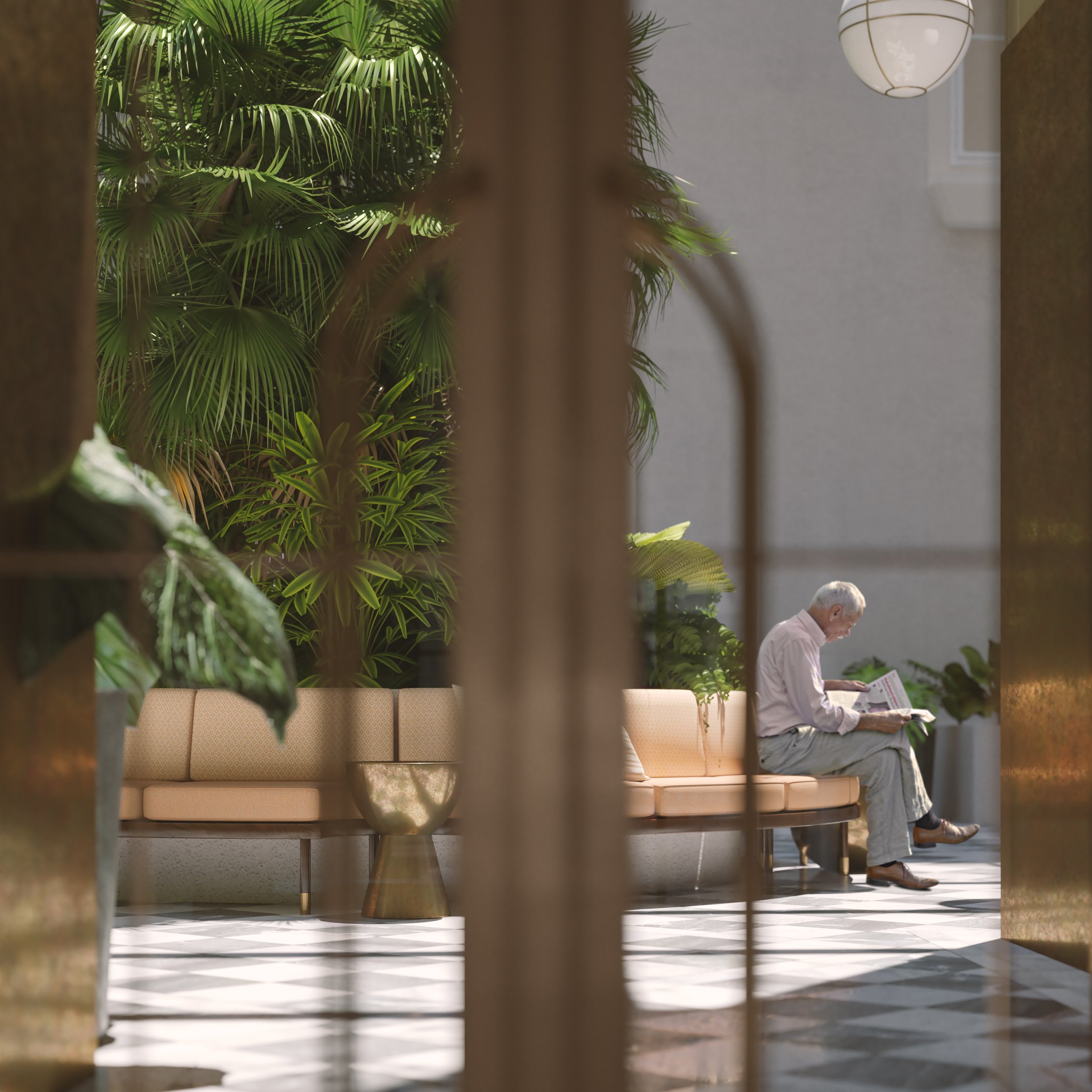 An elderly man sitting on a beige sofa in a modern, lush indoor space, reading a newspaper.