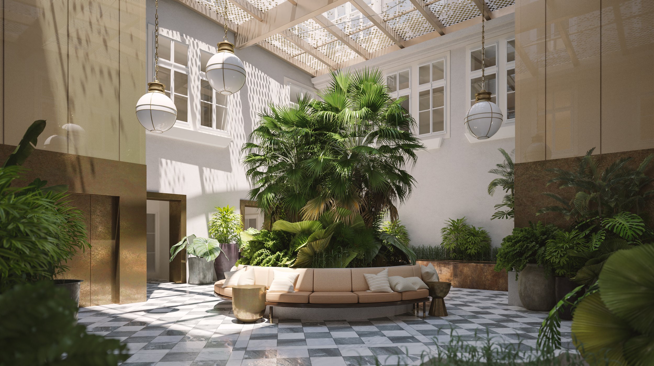 Interior courtyard with tropical plants, a curved beige sofa with pillows, large potted plants, hanging white pendant lights, and a white wall with windows. Sunlight filters through a patterned roof, creating shadows on the wall.
