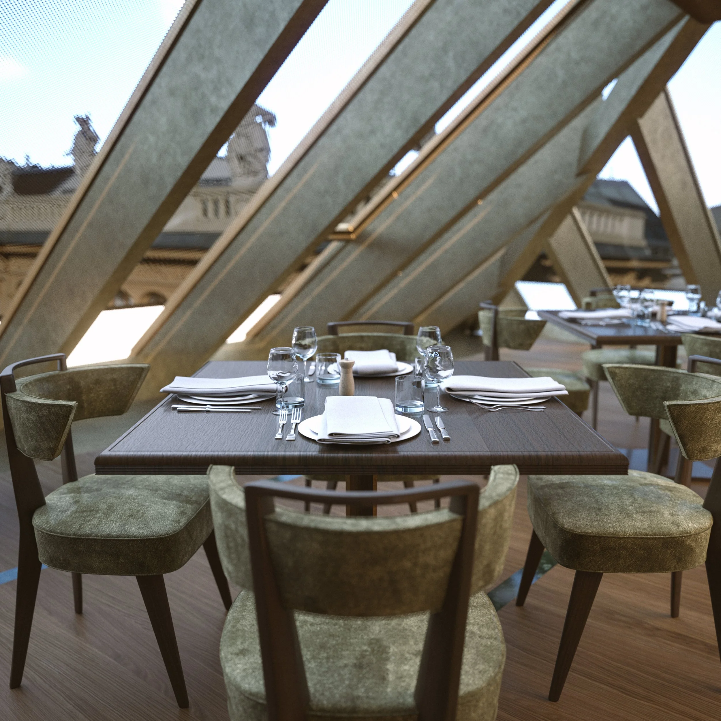Restaurant table set for dining with plates, glasses, cutlery, and napkins in an upscale setting with angled windows and city views.