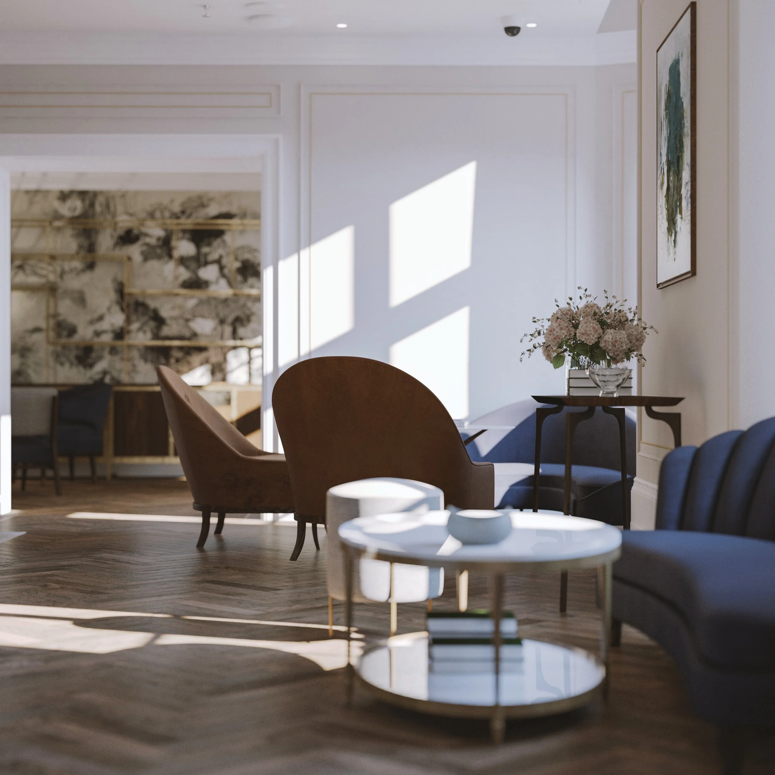 Elegant living room with modern furniture, sunlight filtering through windows, and a flower arrangement on a table.