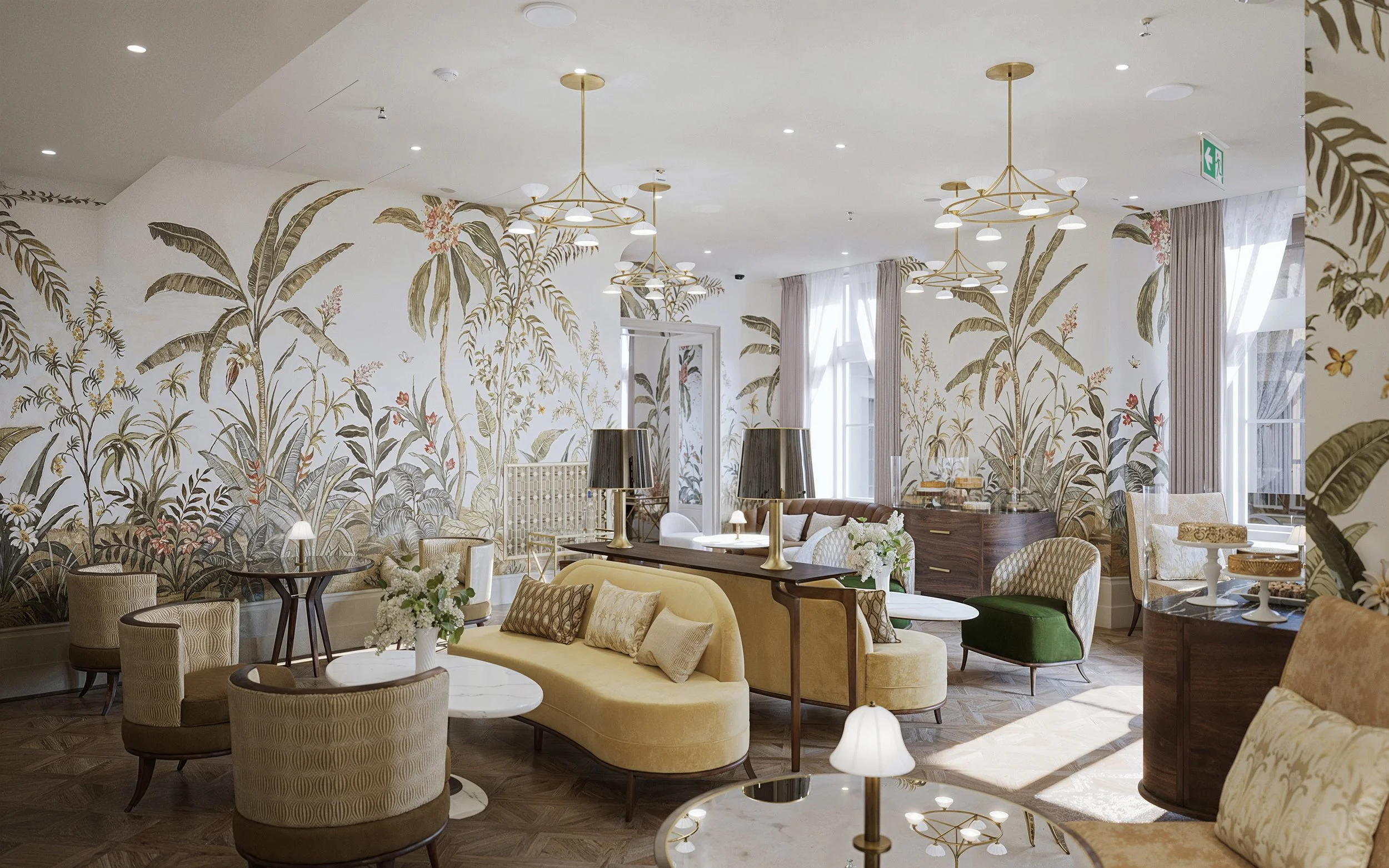 Elegant lounge with floral wall murals, velvet sofas, armchairs, marble tables, and modern lighting fixtures.