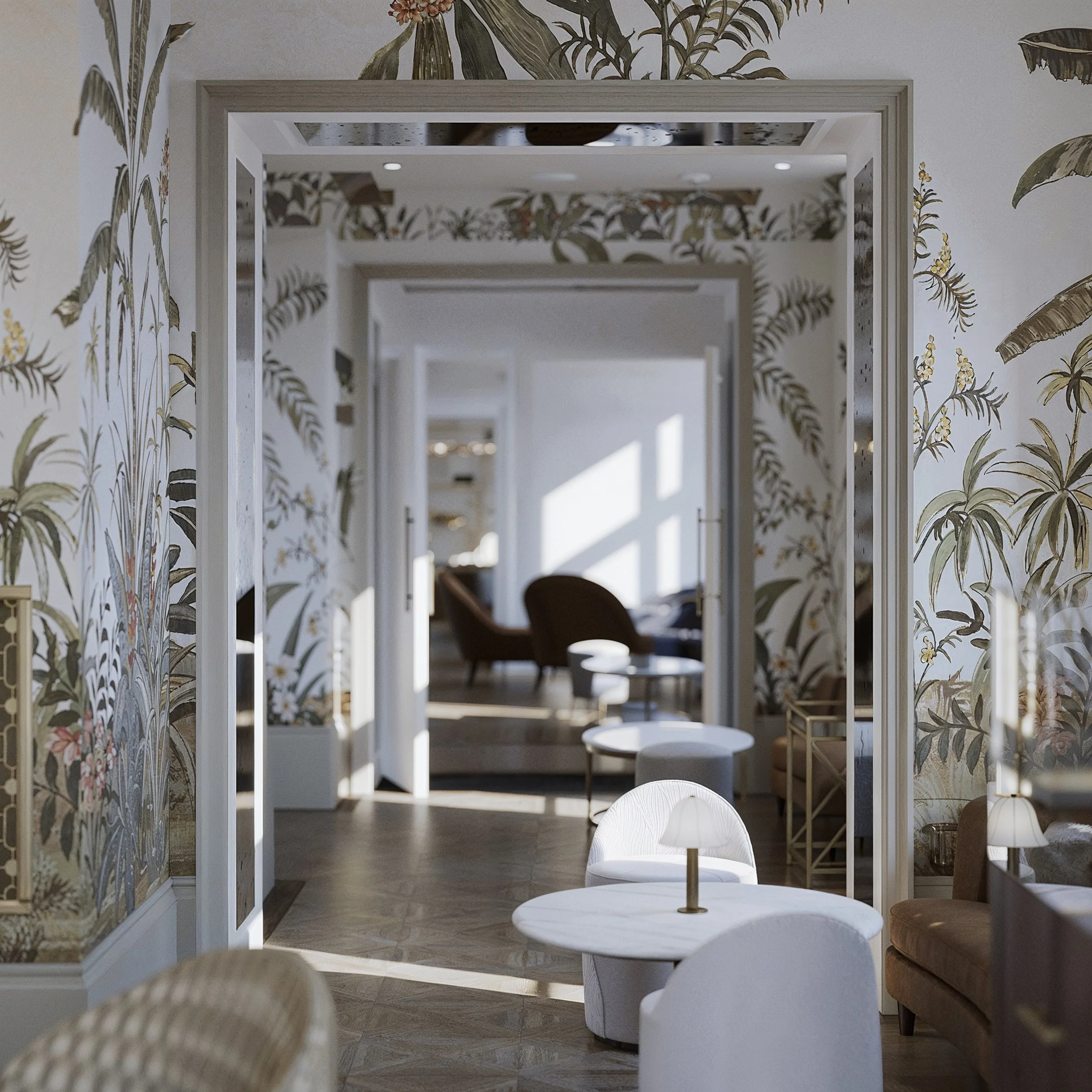 An interior view of a stylish lounge area with wallpaper featuring botanical patterns, white and brown furniture, and sunlight streaming through windows.