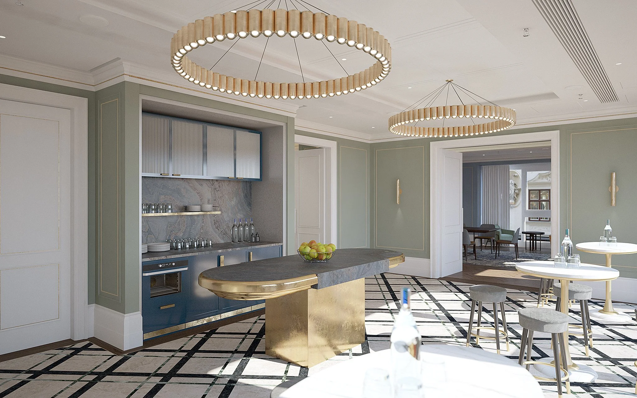 Elegant kitchen with modern decor, featuring two large circular chandelier lights, a grey marble kitchen island with gold accents, and round white tables with stools, all in a spacious room with mint green walls and black-and-white tiled flooring.