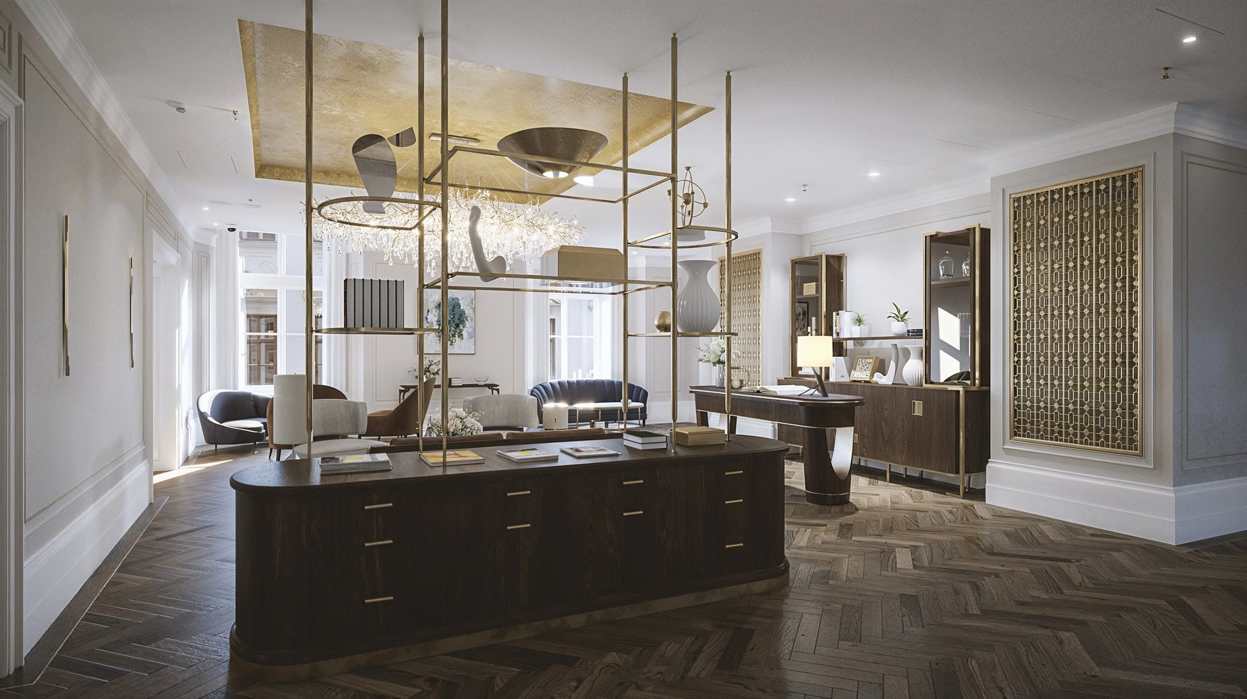 Spacious, elegantly decorated lobby with wooden flooring, seating areas, and a decorative shelving unit with vases and books, accented by gold and white decor.