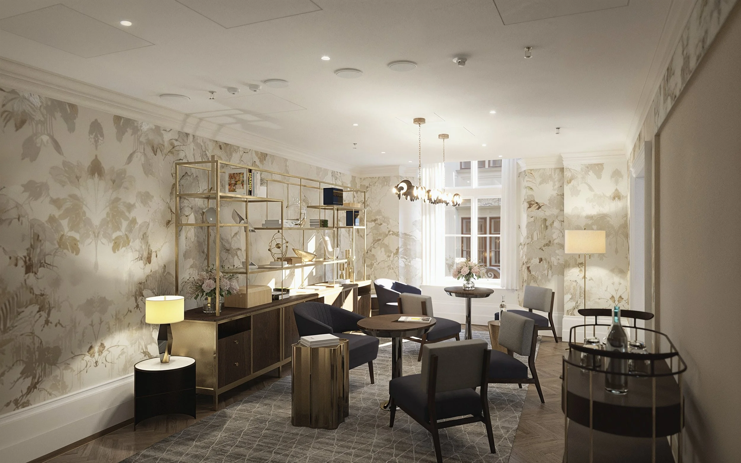 Elegant sitting area with round tables, upholstered chairs, modern floor lamps, and a gold shelving unit on a patterned carpet, with floral wallpaper and large windows in the background.