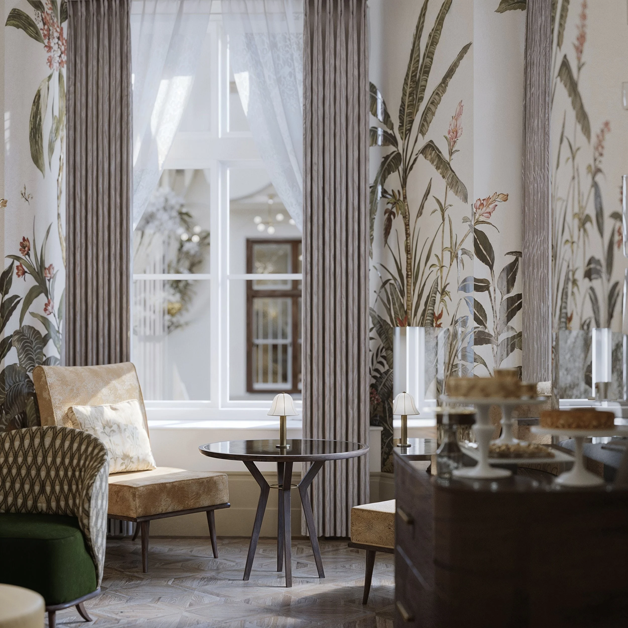 A cozy interior living space with floral wallpaper, curtains, a window with sheer drapes, a beige armchair with a pillow, a round wooden table with small lamps, and a sideboard with desserts.