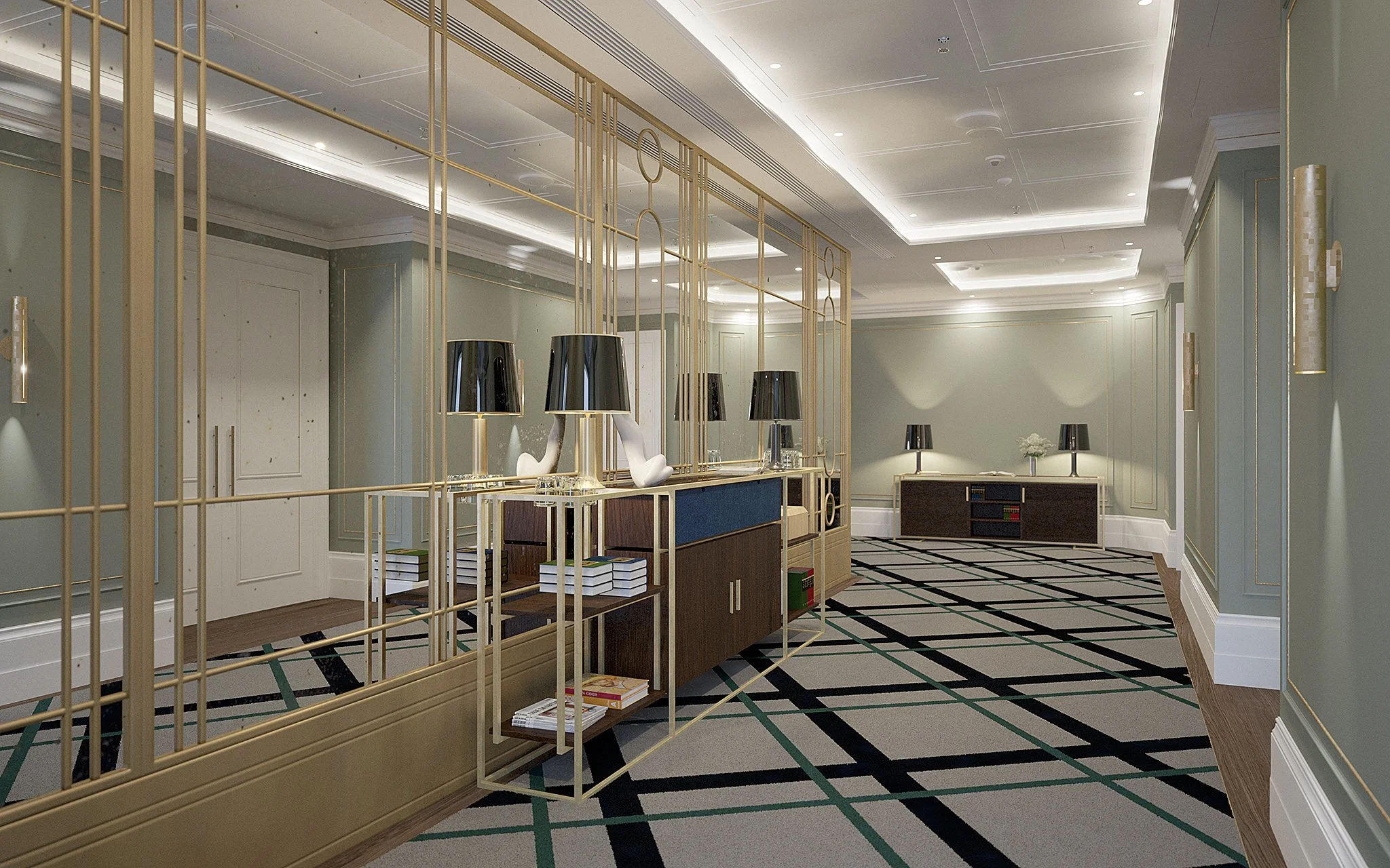A luxurious interior space with green walls, white crown molding, and a patterned carpet; gold decorative dividers, black lamps with gold bases, and a wooden sideboard with books and decorative objects.